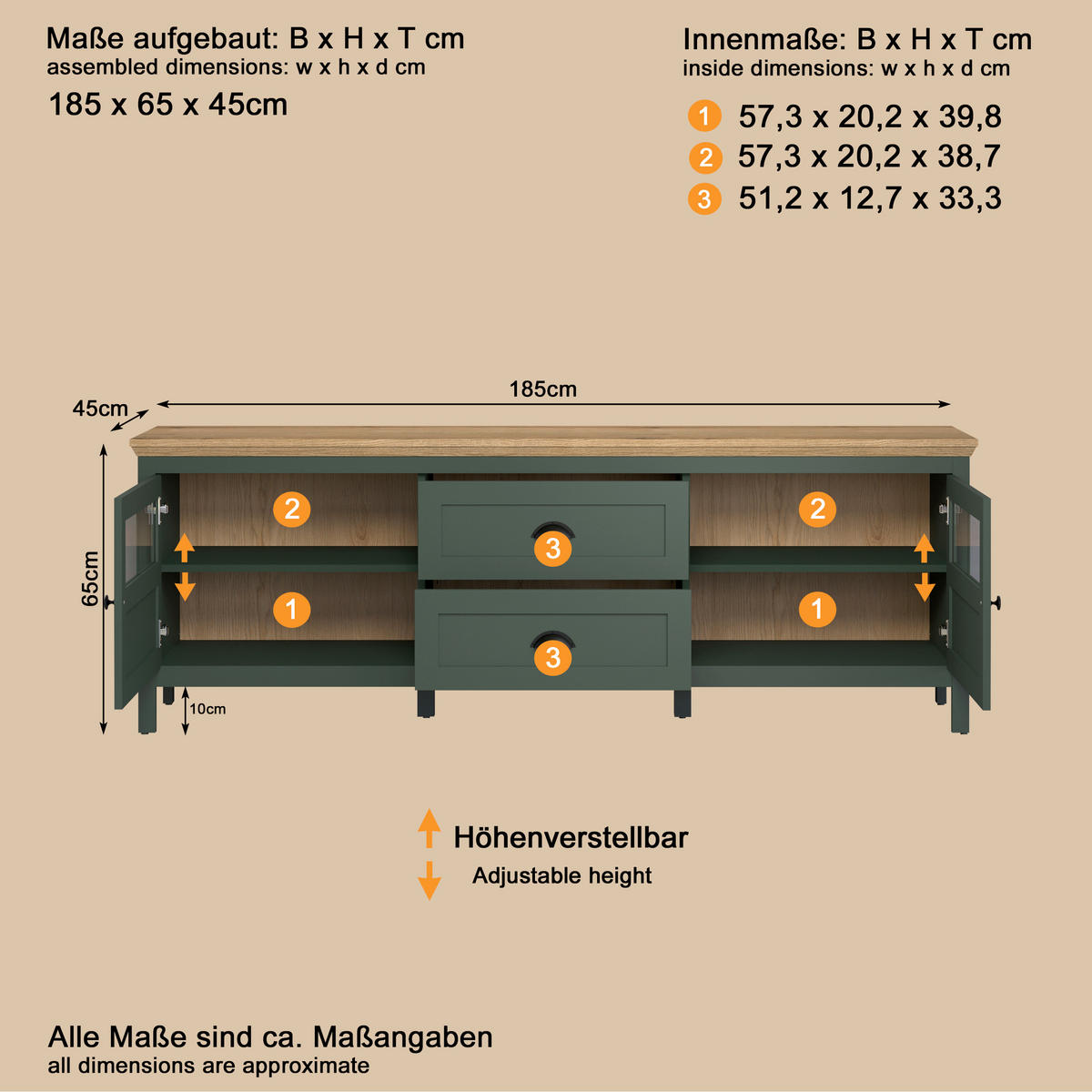 LOWBOARD STANTON 184/64/45 cm 2 Schublade(n) stehend  - Waldgrün/Schwarz, Design, Glas/Holzwerkstoff (184/64/45cm) - MID.YOU