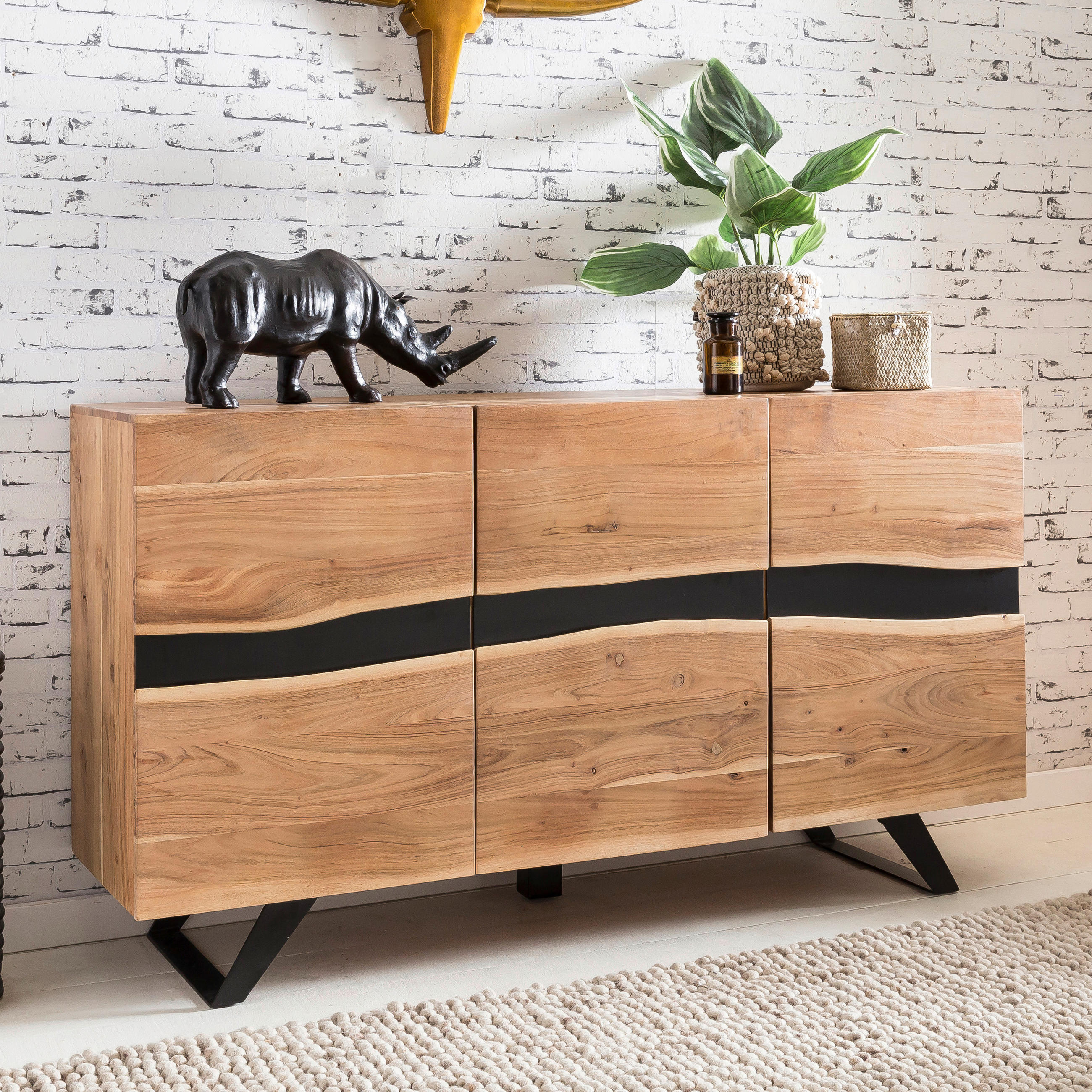 SIDEBOARD 148/85/43 cm  - Schwarz/Akaziefarben, Design, Holz/Metall (148/85/43cm) - MID.YOU