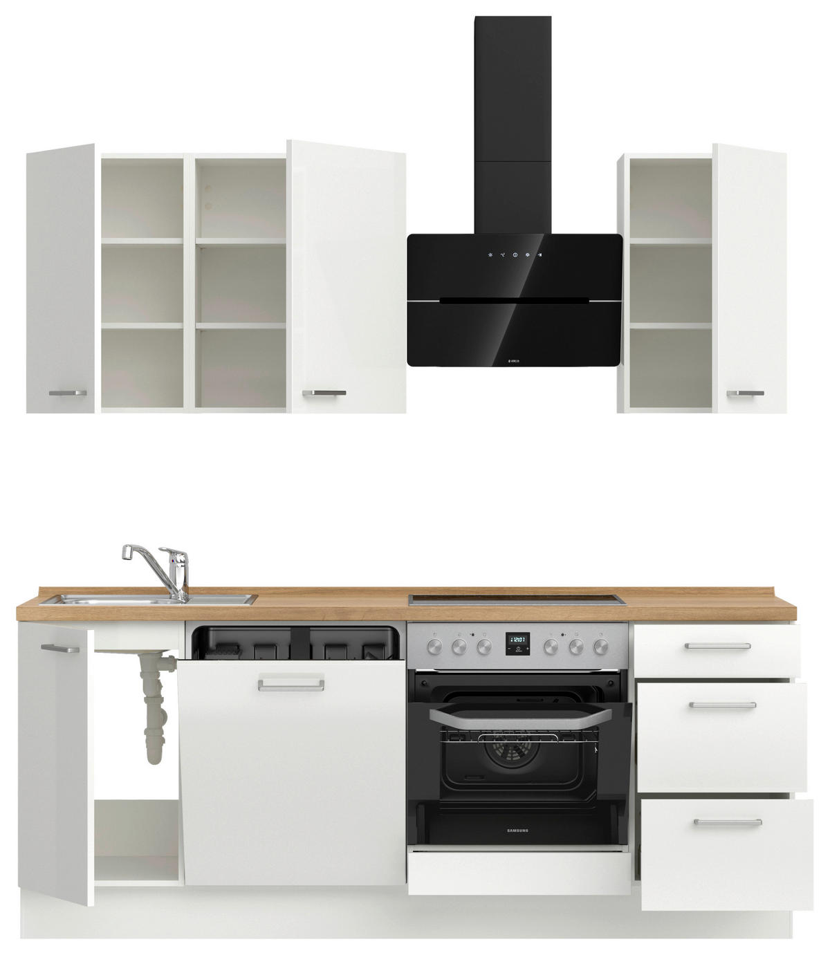 KÜCHENLEERBLOCK 210 cm   in Eichefarben, Weiß Hochglanz  - Edelstahlfarben/Eichefarben, MODERN, Holzwerkstoff/Metall (210cm) - Nobilia