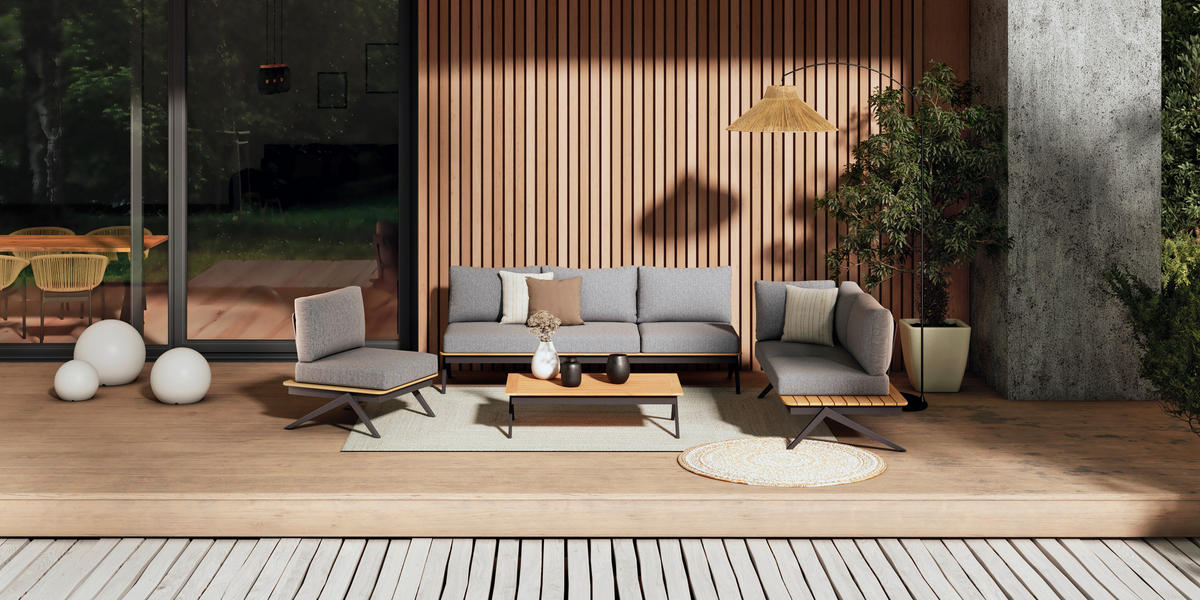 ENSEMBLE LOUNGE 3-teilig  - Anthrazit/Naturfarben, Modern, Holz/Textil (286/166cm) - Amatio