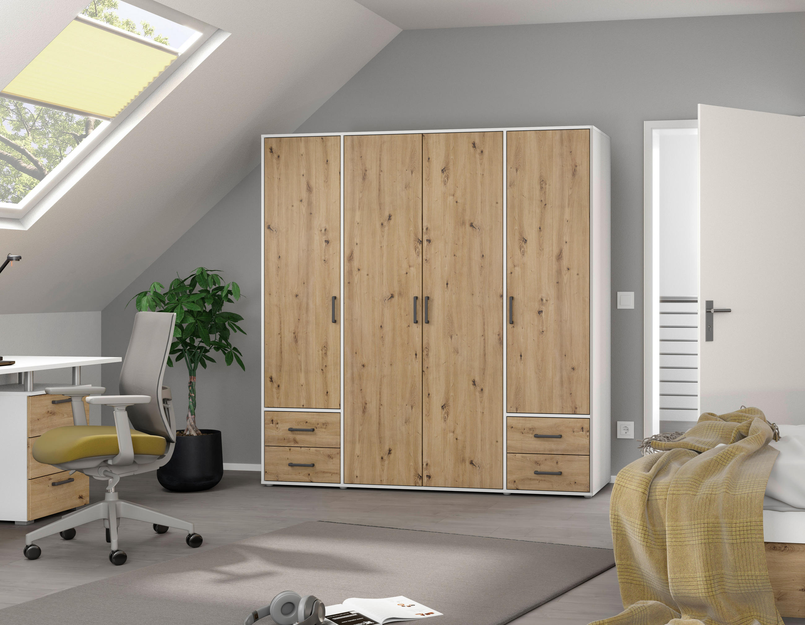 DREHTÜRENSCHRANK in Weiss, Eiche Artisan  - Weiss/Eiche Artisan, Modern, Holzwerkstoff/Kunststoff (187/194/53cm) - Rauch Möbel
