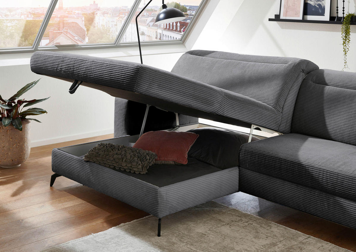 ECKSOFA in Cord Grau  178/290 cm  - Schwarz/Grau, KONVENTIONELL, Textil/Metall (178/290cm) - Sit & More