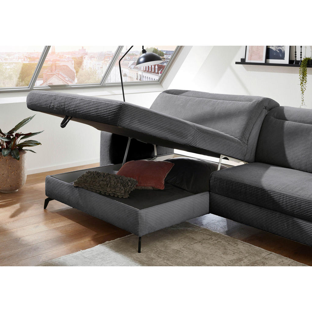 Thumbnail - Cantus Ecksofa, Grau, Textil, 4-Sitzer, Ottomane links, L-Form, 290x178 cm, Rücken echt, Liegefunktion, Wohnzimmer, Sofa...