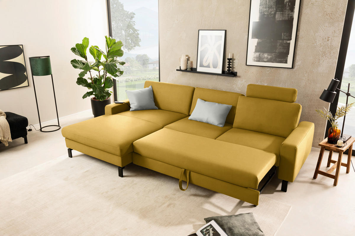 ECKSOFA  in Cord Goldfarben Rücken echt, Sitztiefenverstellung  185/298 cm  - Goldfarben/Schwarz, Design, Textil/Metall (185/298cm) - Pure Home Lifestyle