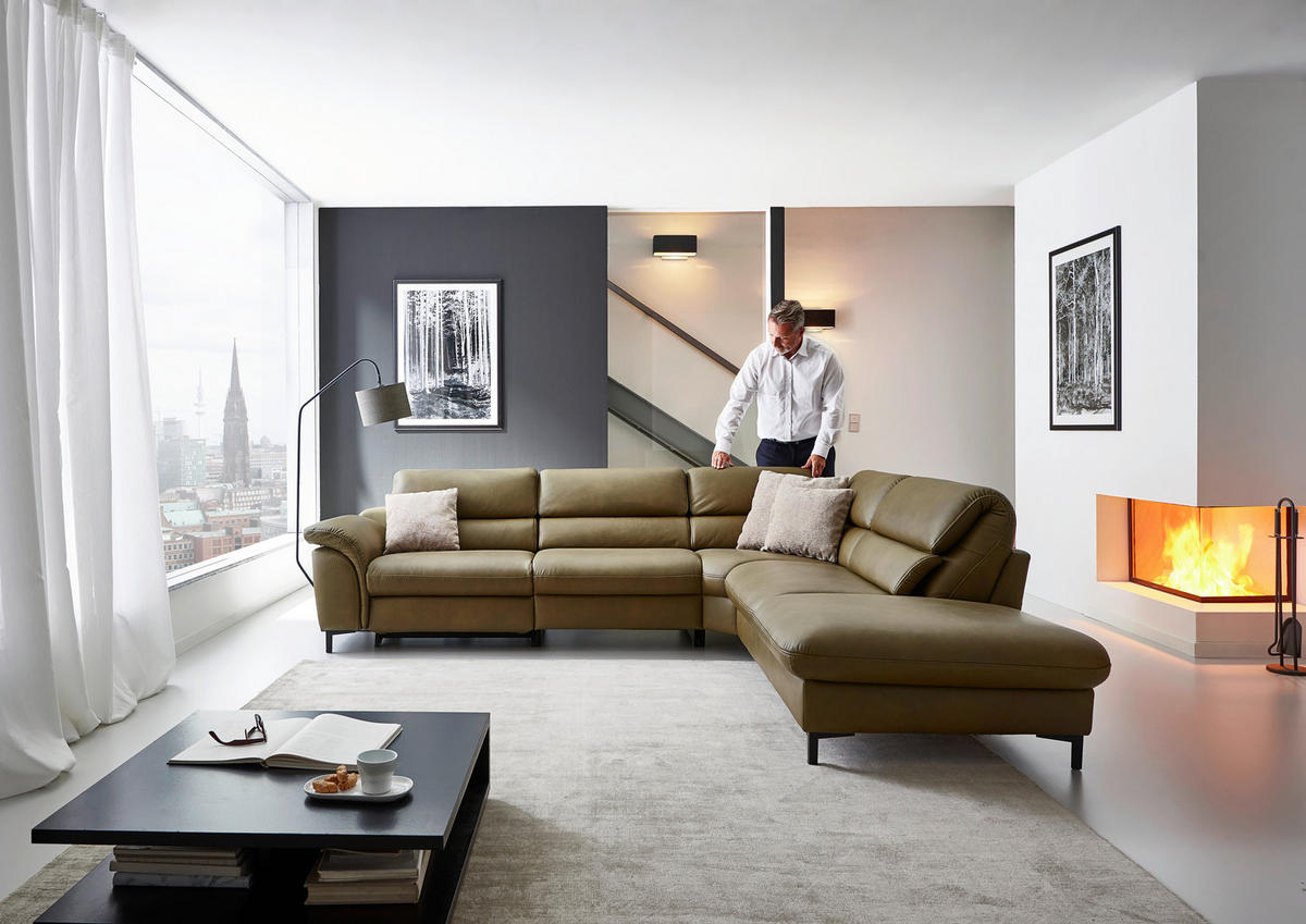 ECKSOFA Valdera Schlammfarben Echtleder  - Schlammfarben/Schwarz, Design, Leder/Metall (280/246cm) - Hukla