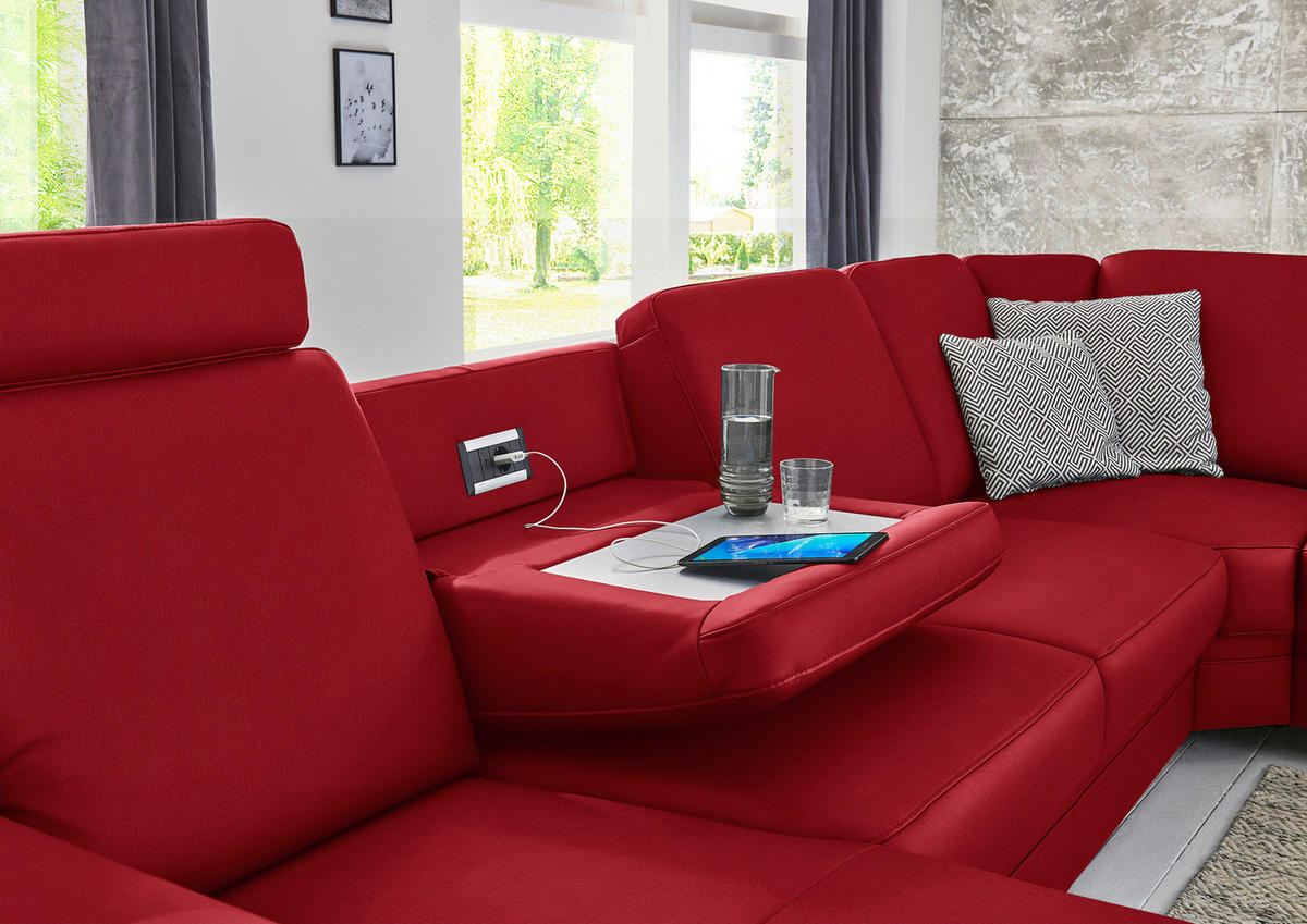 WOHNLANDSCHAFT  in Echtleder Rot  - Rot/Alufarben, KONVENTIONELL, Leder/Metall (165/329/239cm) - Beldomo Premium