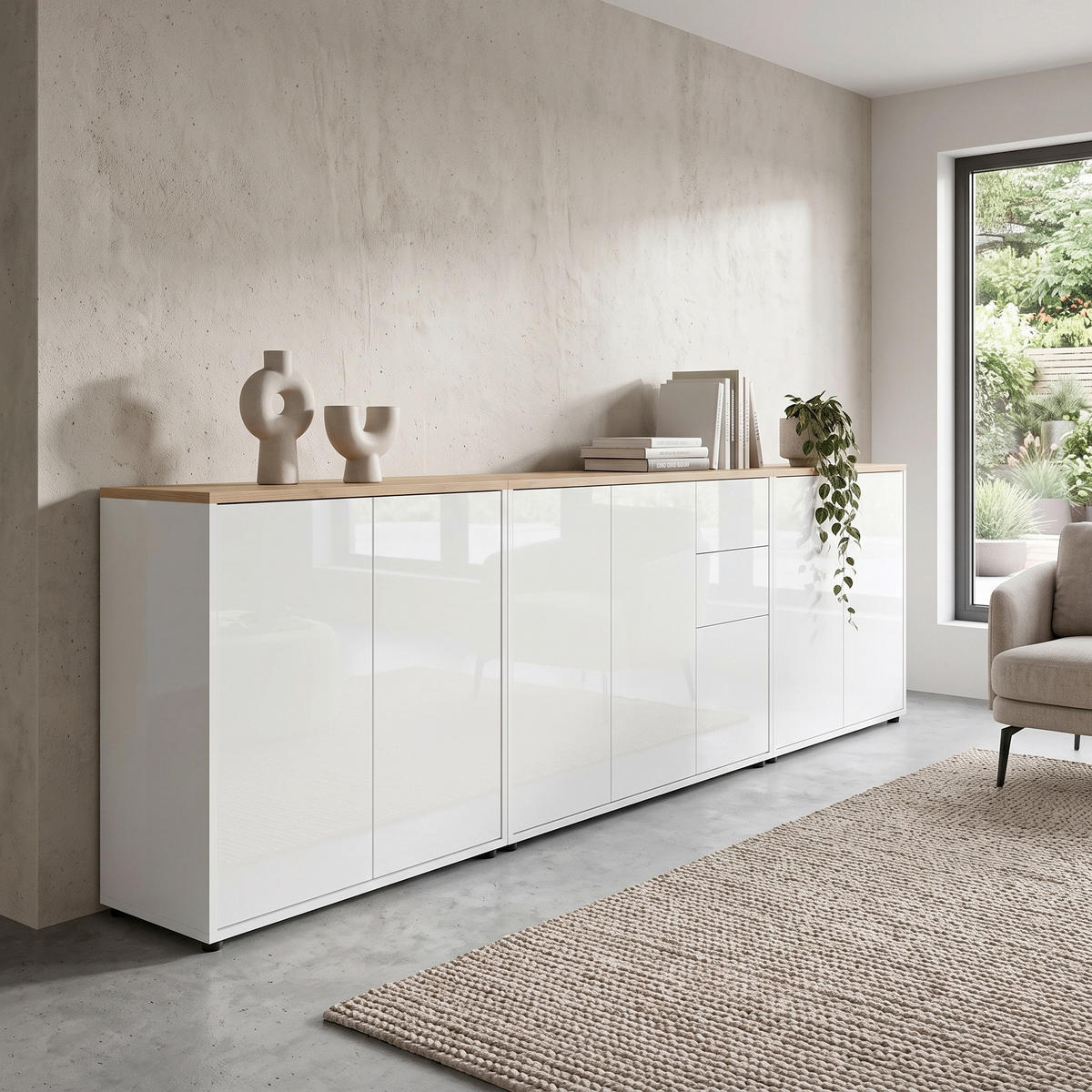 SIDEBOARD Mailand Set 6 263,5/73/33 cm 2 Schublade(n)  - Weiß Hochglanz/Schwarz, MODERN, Holzwerkstoff/Kunststoff (263,5/73/33cm) - MID.YOU