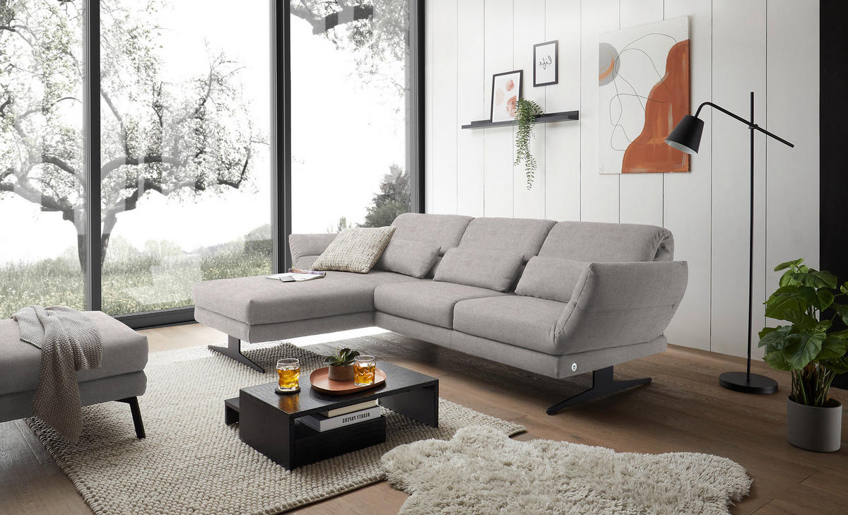 ECKSOFA Sandfarben Flachgewebe  - Sandfarben/Schwarz, Design, Textil/Metall (176-217/259-307cm) - Dieter Knoll