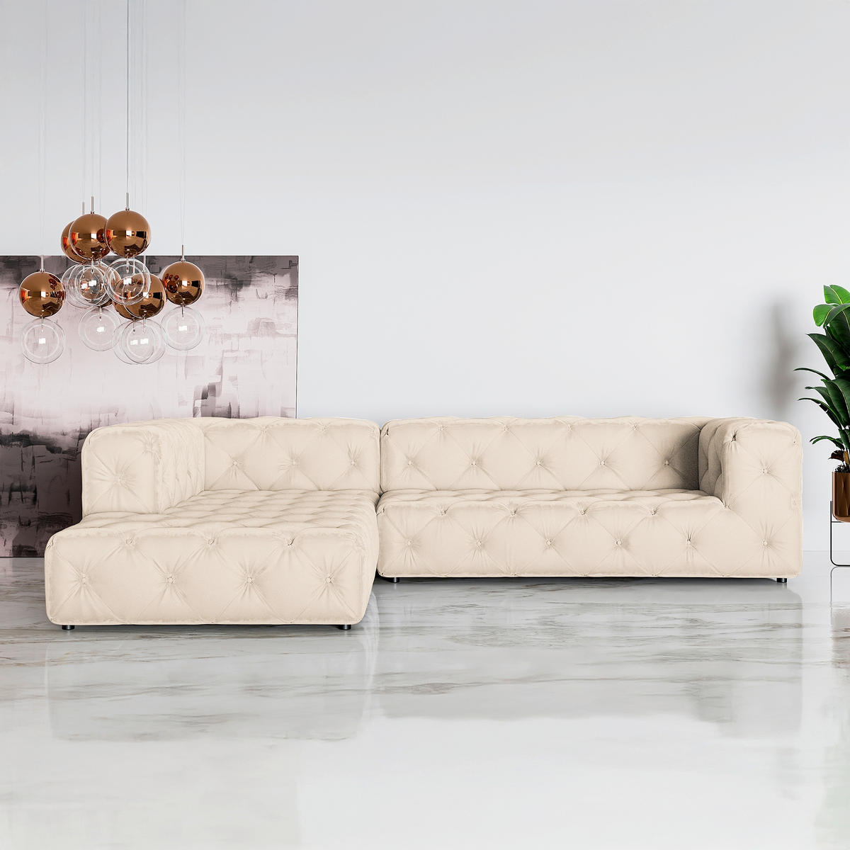 ECKSOFA Fresco in Samt Creme  228/325 cm  - Creme/Schwarz, Design, Kunststoff/Textil (228/325cm) - P & B