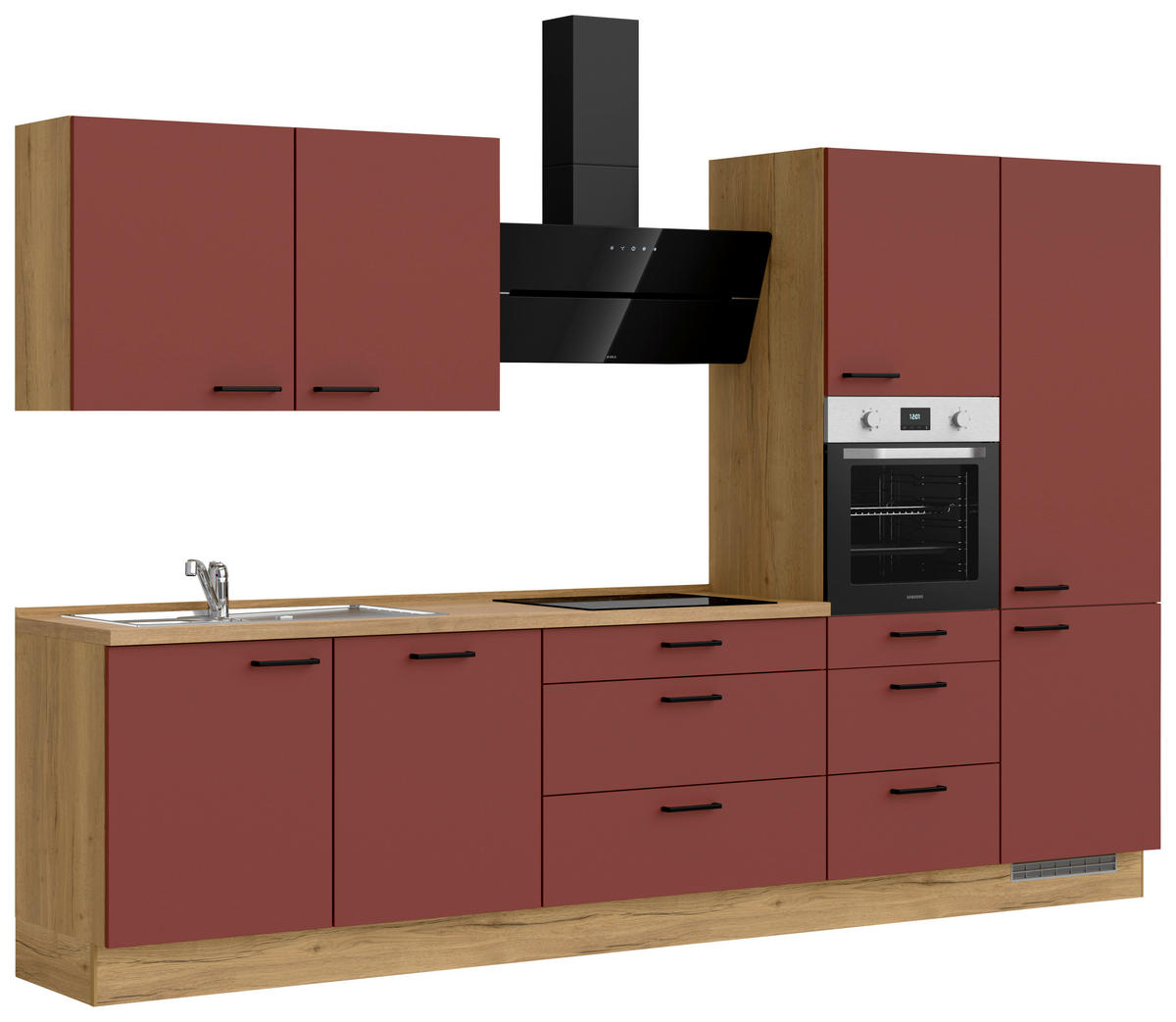 KÜCHENBLOCK Easytouch 330 cm  in Eichefarben, Dunkelrot  - Eichefarben/Schwarz, MODERN, Holzwerkstoff/Metall (330cm) - Nobilia