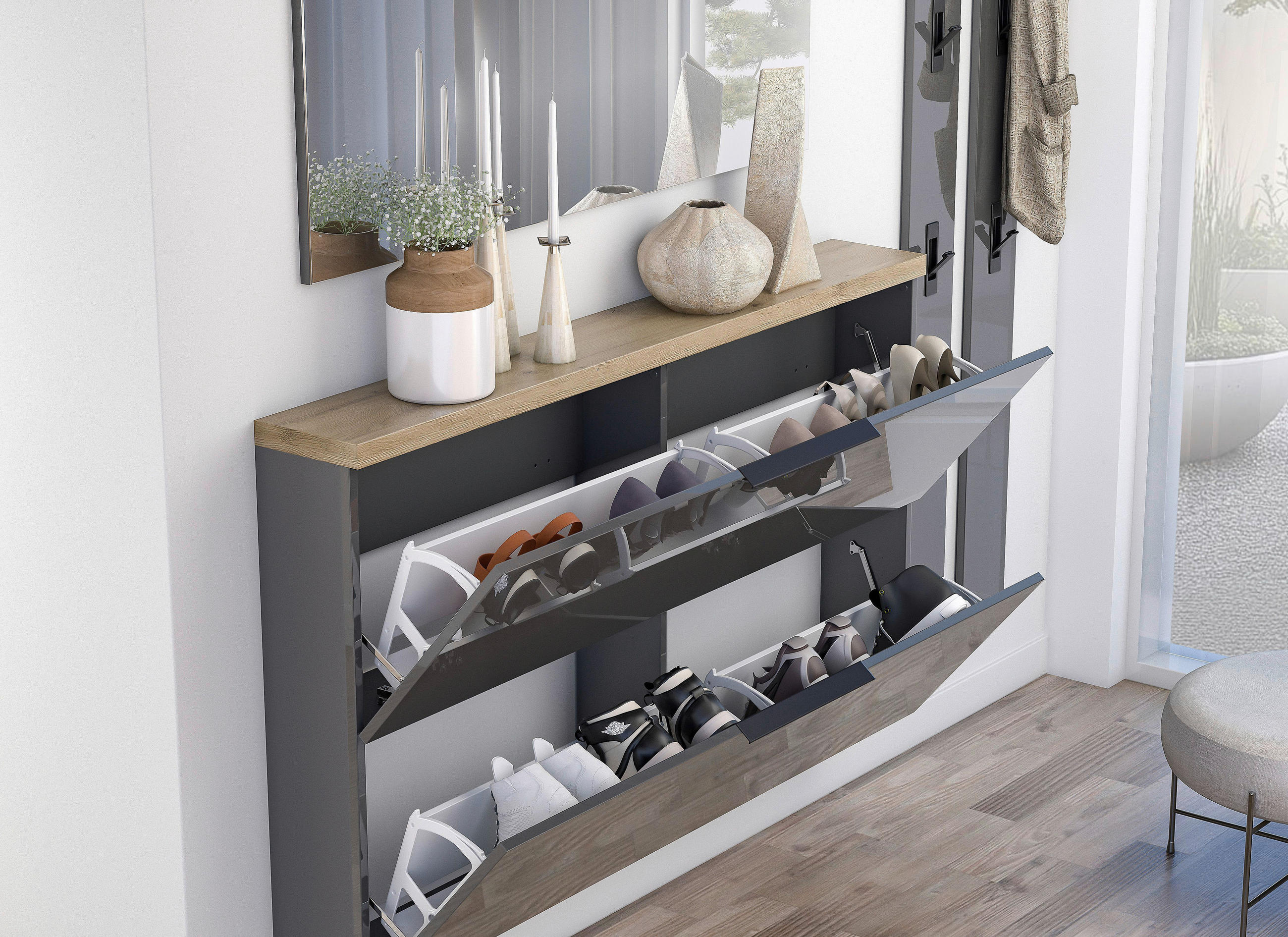 HÄNGESCHUHSCHRANK Eichefarben, Anthrazit Hochglanz - Eichefarben/Anthrazit Hochglanz, Design, Holzwerkstoff/Metall (140/82/19cm) - Xora