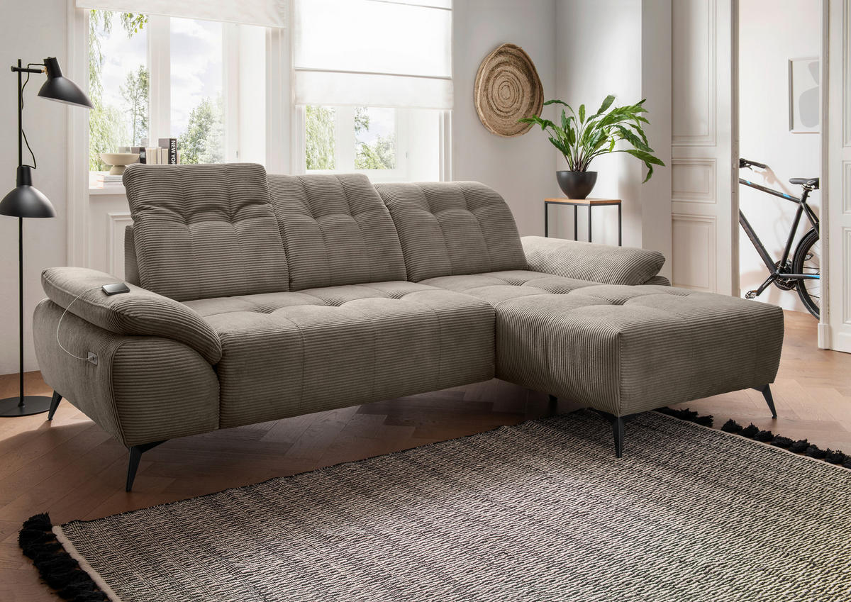 ECKSOFA FIORE in Cord Graubraun Kopfteilverstellung, Sitzvorzug  280/180 cm  - Graubraun/Schwarz, MODERN, Textil/Metall (280/180cm) - Livetastic