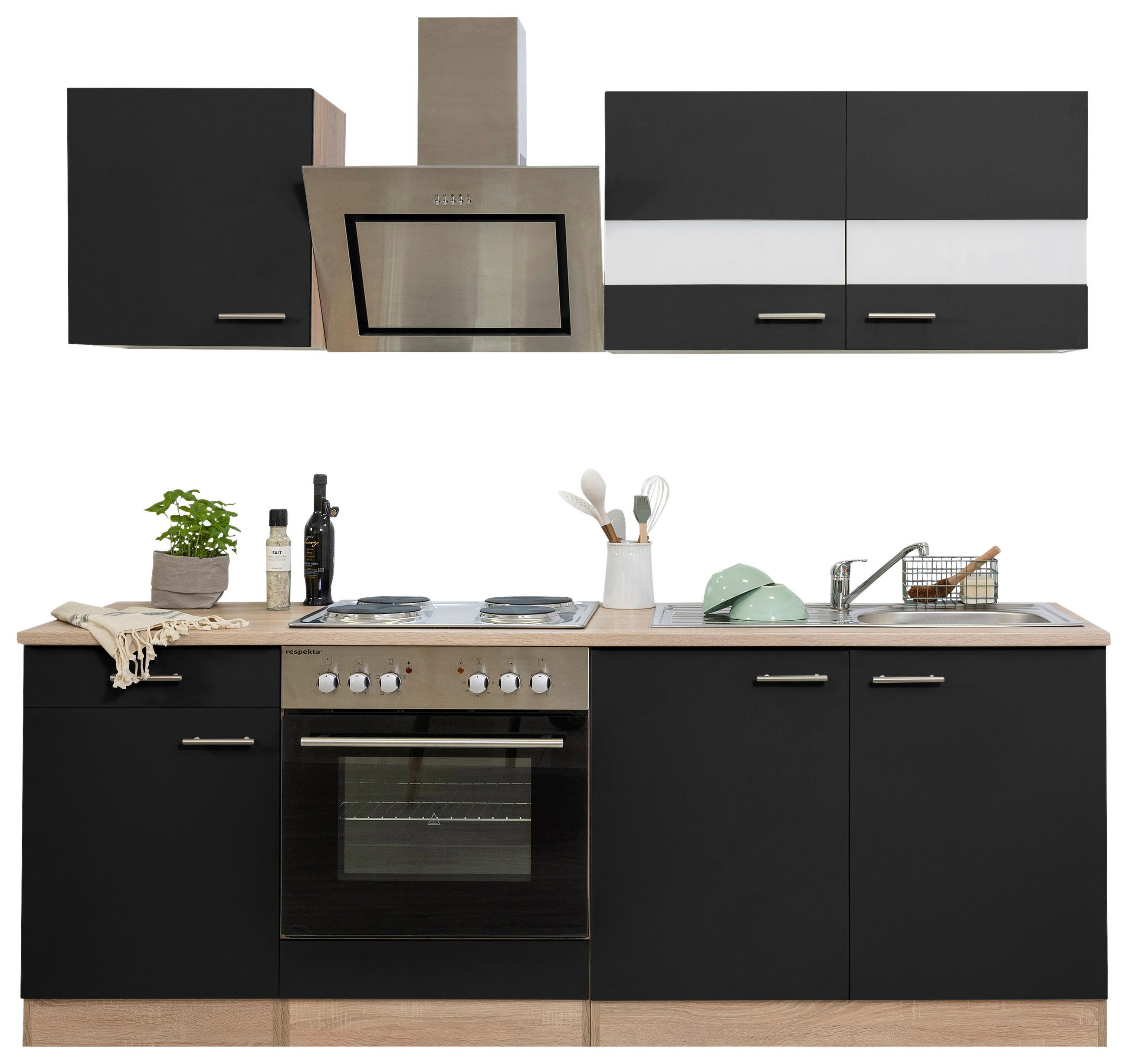 KÜCHENBLOCK 210 cm   in Schwarz  - Edelstahlfarben/Eichefarben, Basics, Holzwerkstoff/Metall (210cm) - Respekta