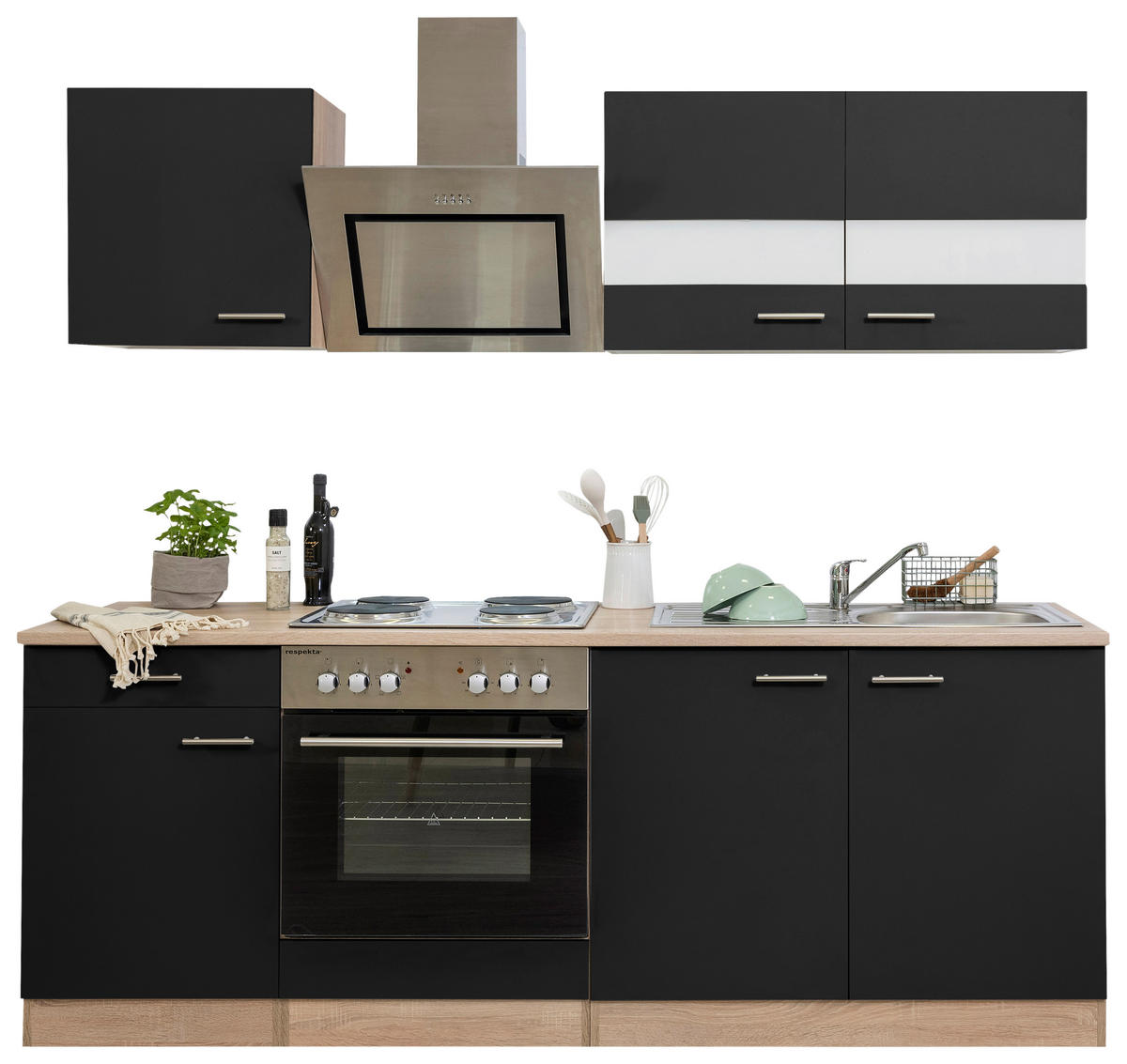 KÜCHENBLOCK 210 cm   in Schwarz  - Edelstahlfarben/Eichefarben, Basics, Holzwerkstoff/Metall (210cm) - Respekta