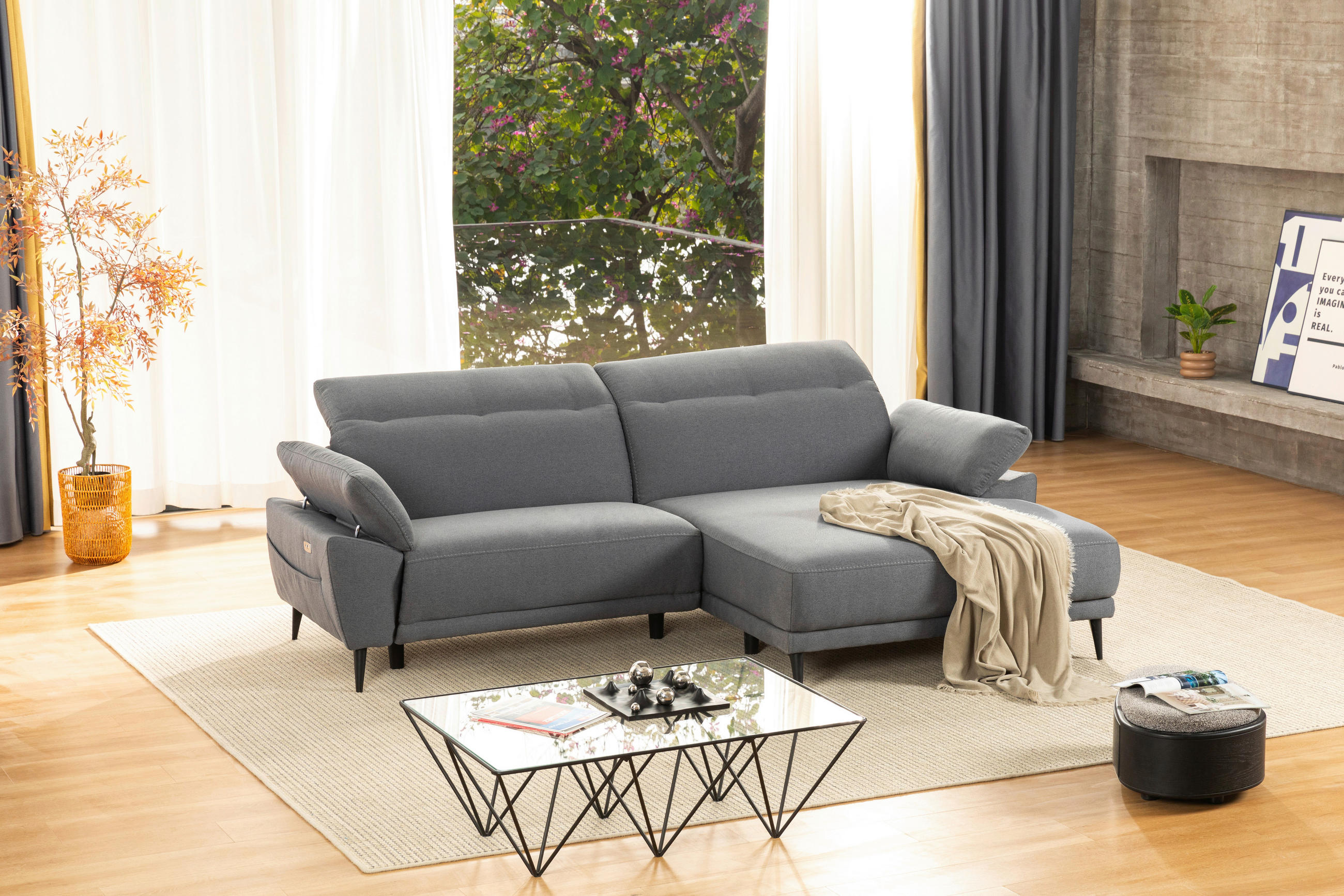 KUTNA GARNITURA tekstil  svijetlo siva   - svijetlo siva/crna, Design, tekstil/metal (262/172cm) - MID.YOU