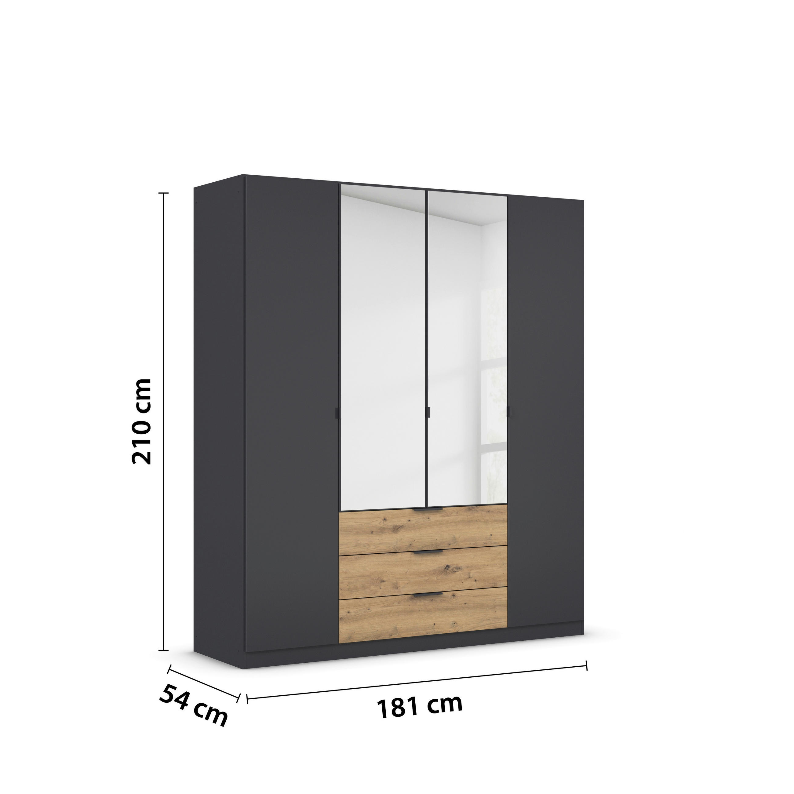 Thumbnail - Rauch Möbel Kleiderschrank, Graphit, Grau, Eiche Artisan, Metall, 3 Fächer, 3 Schubladen, 181x210x54 cm, Blauer Engel, B...