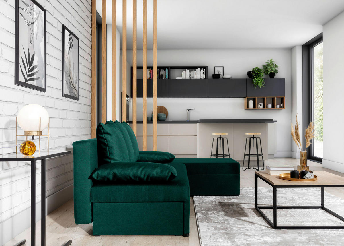 ECKSOFA GINO in Samt Dunkelgrün  201/143 cm  - Dunkelgrün/Schwarz, Design, Kunststoff/Textil (201/143cm) - MID.YOU