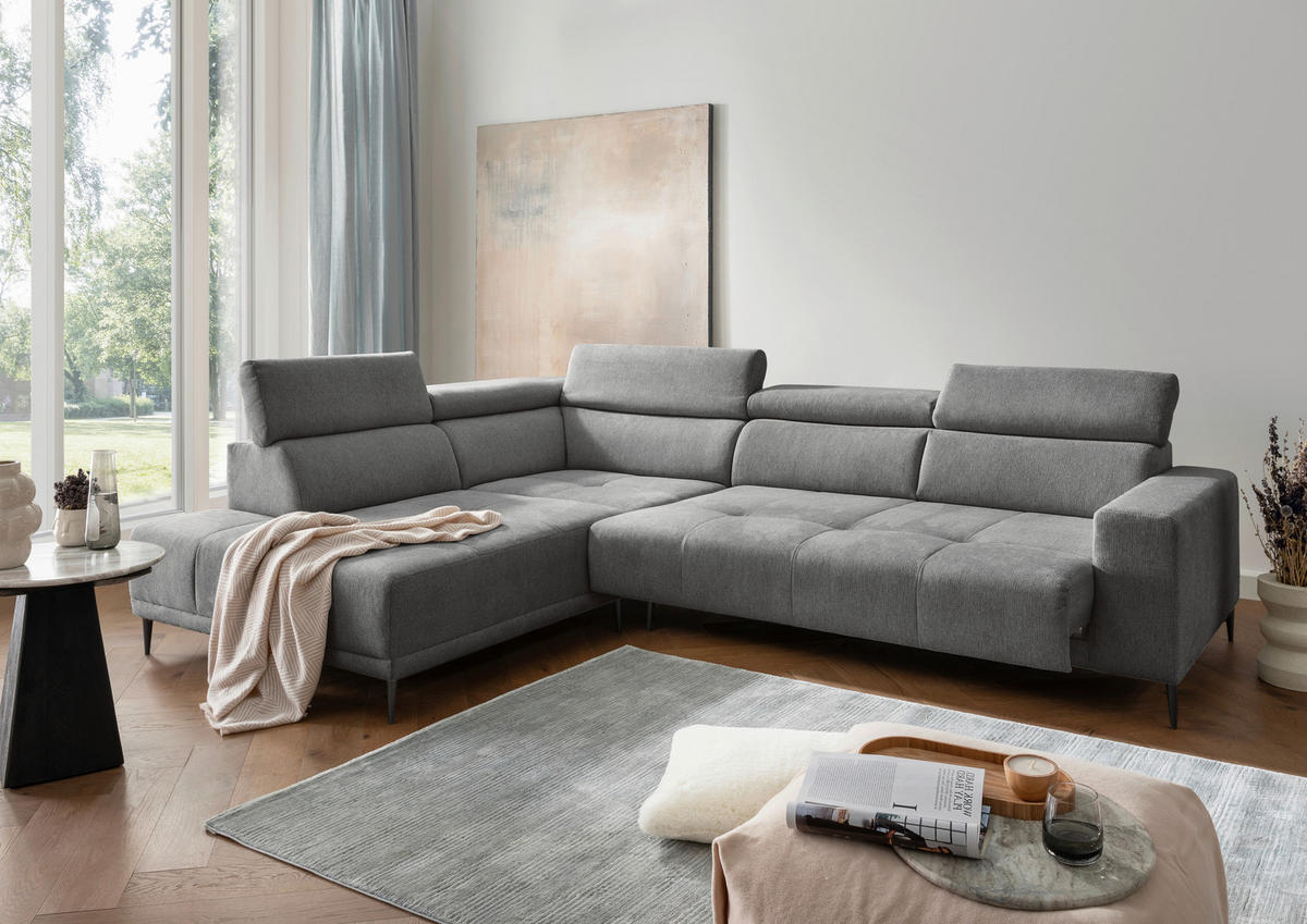 ECKSOFA INTERA Dunkelgrau Struktur Kopfteilverstellung, Sitzvorzug  - Dunkelgrau/Schwarz, KONVENTIONELL, Textil/Metall (225/305cm) - Livetastic