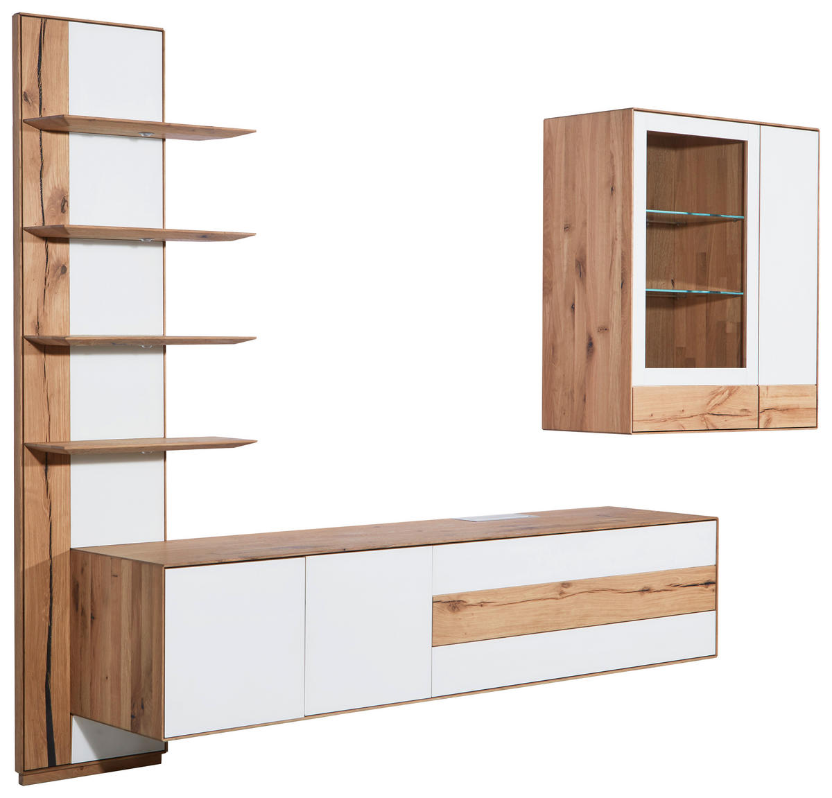 WOHNWAND  Weiss, Eichefarben 297/206/48 cm  - Weiss/Eichefarben, Design, Glas/Holz (297/206/48cm) - Valnatura