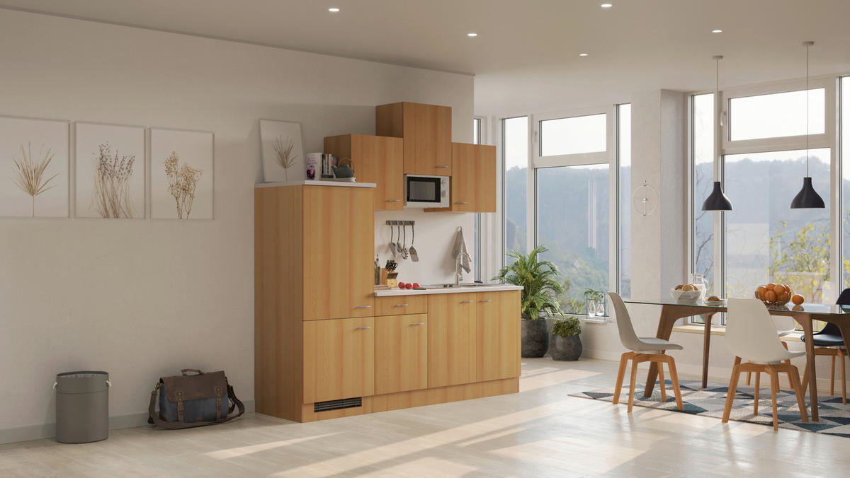 KÜCHENBLOCK 210 cm   in Buchefarben  - Edelstahlfarben/Beige, MODERN, Holzwerkstoff/Kunststoff (210cm) - FlexWell