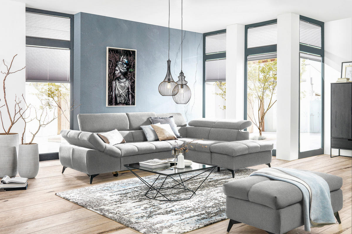 ECKSOFA mit Funkion Hellgrau Mikrofaser  - Hellgrau/Schwarz, Design, Kunststoff/Textil (279/210cm) - Stylife