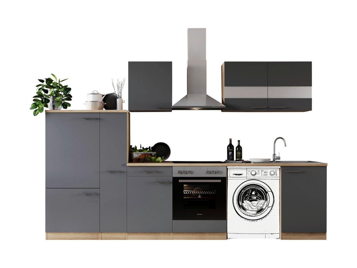 KÜCHENBLOCK 310 cm   in Grau  - Edelstahlfarben/Eichefarben, Basics, Glas/Holzwerkstoff (310cm) - Respekta