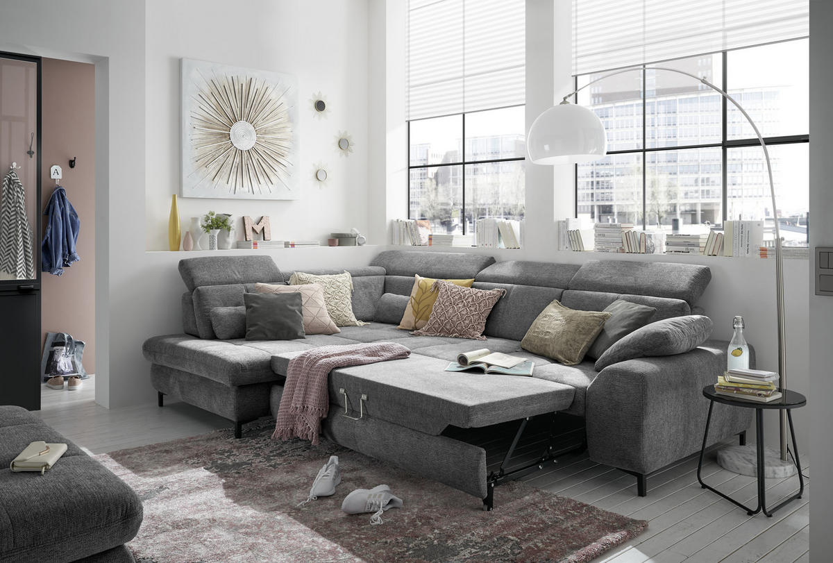 ECKSOFA Anthrazit Webstoff  - Anthrazit/Schwarz, KONVENTIONELL, Textil/Metall (220/314cm) - SetOne by Musterring