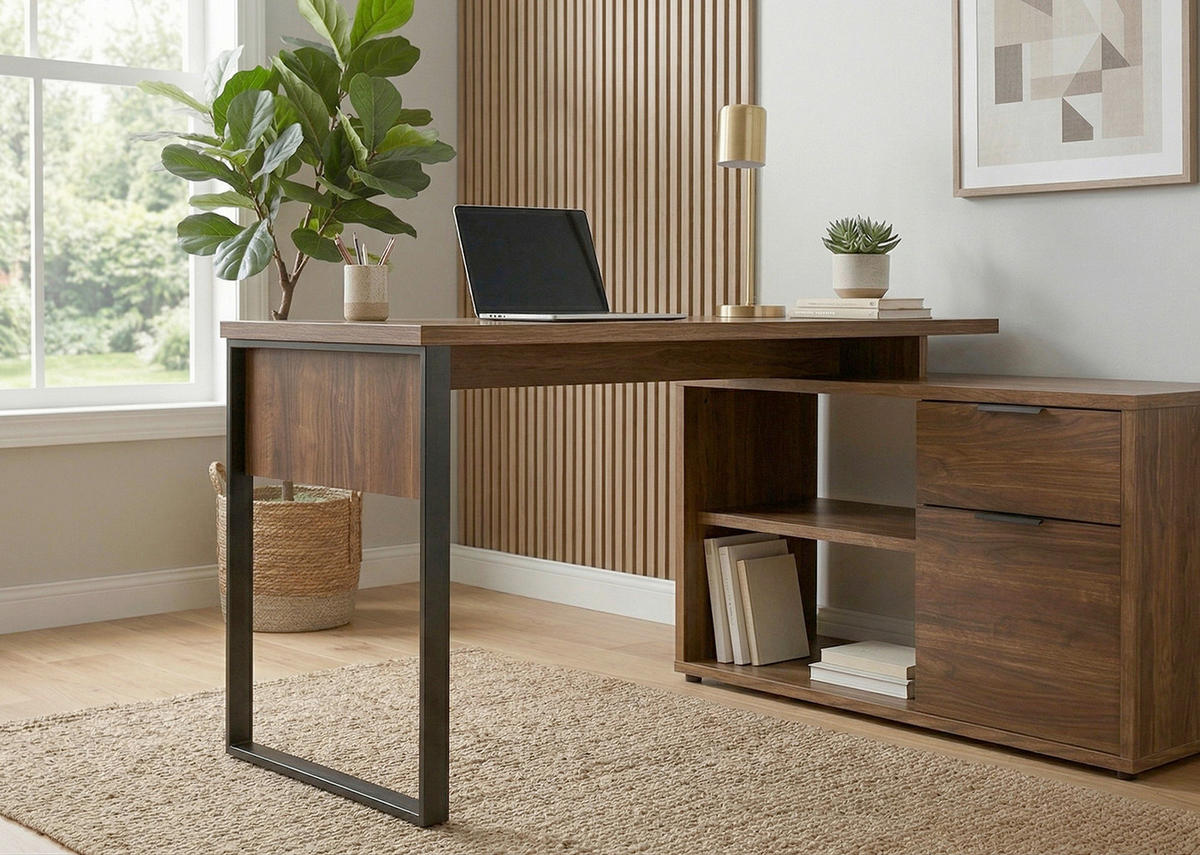 ECKSCHREIBTISCH 140/76/100 cm Walnussfarben Stauraum, seitenverkehrt montierbar, in verschiedenen Holz-Dekoren erhältlich  - Eichefarben/Anthrazit, LIFESTYLE, Holzwerkstoff/Metall (140/76/100cm) - MID.YOU