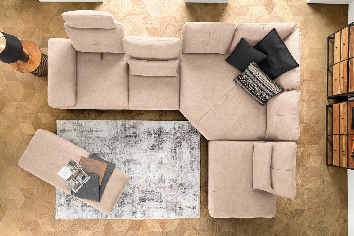 ECKSOFA in Flachgewebe Hellbraun  - Hellbraun/Schwarz, Design, Textil/Metall (344/271cm) - Chilliano