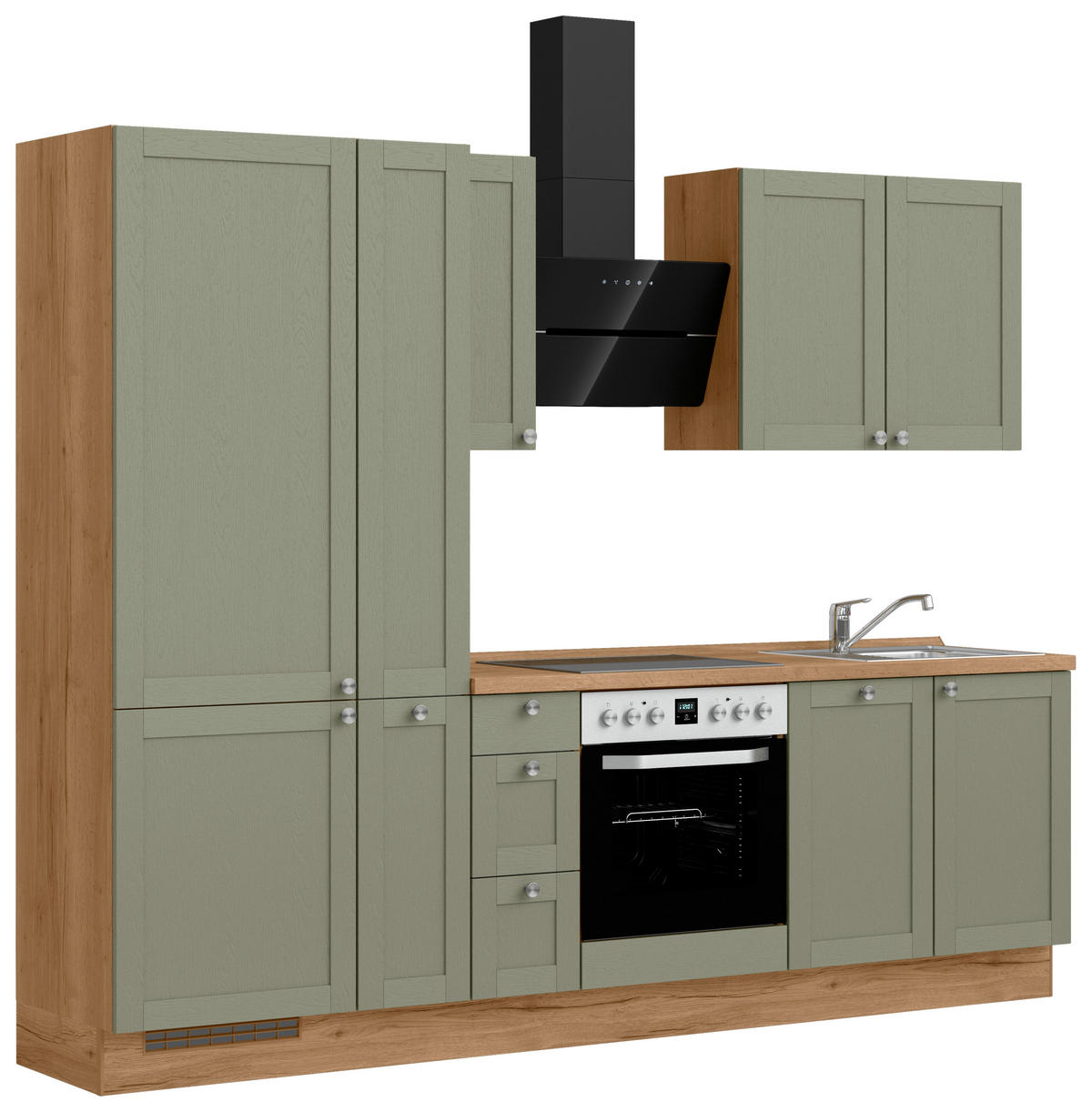 KÜCHENBLOCK Frame 270 cm  in Eichefarben, Olivgrün  - Edelstahlfarben/Eichefarben, MODERN, Holzwerkstoff/Metall (270cm) - Nobilia
