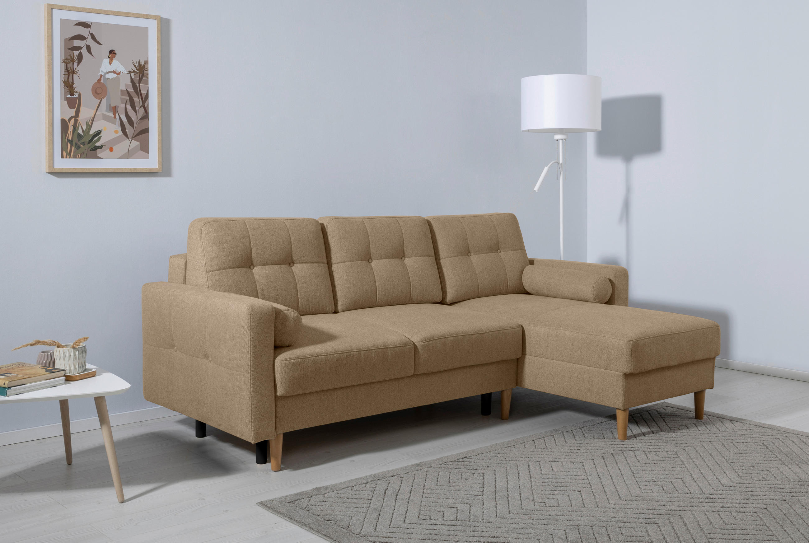 KOTNA SEDEŽNA GARNITURA, svetlo rjava  - svetlo rjava/barve bukve, Design, tekstil/les (223/157cm) - MID.YOU