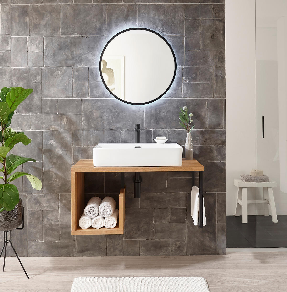 WASCHBECKENUNTERSCHRANK 90/45/47 cm  - Eichefarben/Schwarz, Natur, Holz/Metall (90/45/47cm) - Linea Natura