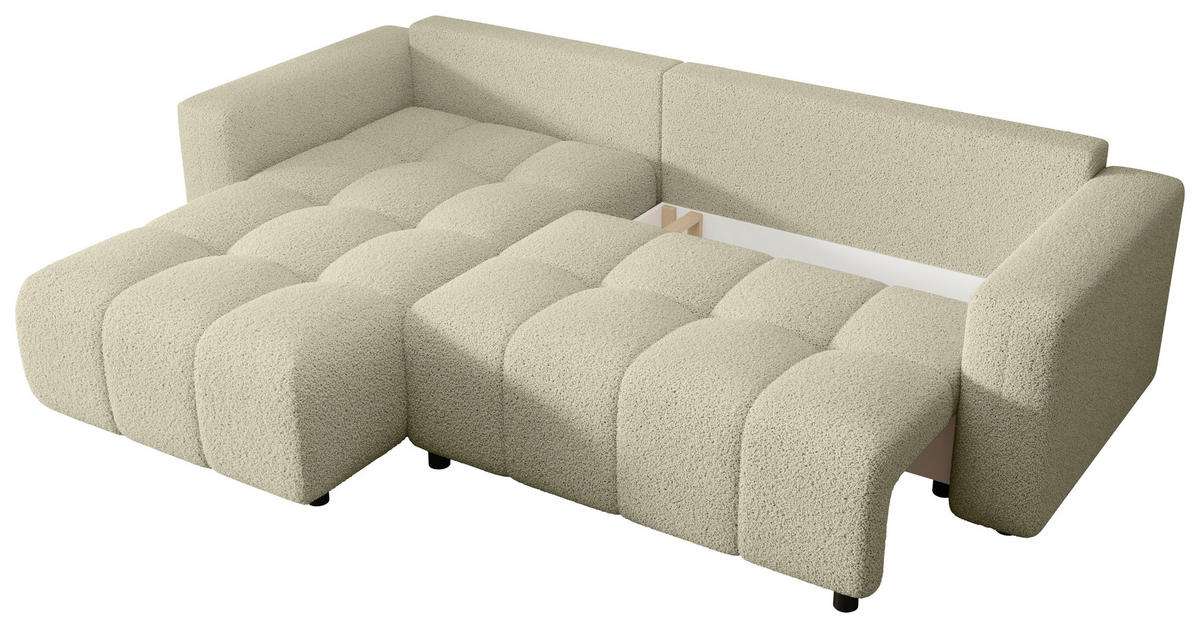 ECKSOFA Beige Bouclé Zierkissen, Rückenkissen, Bettkasten, Schlaffunktion, Rücken echt, Liegefläche im Originalstoff  - Beige/Schwarz, MODERN, Kunststoff/Textil (190/280cm) - Carryhome