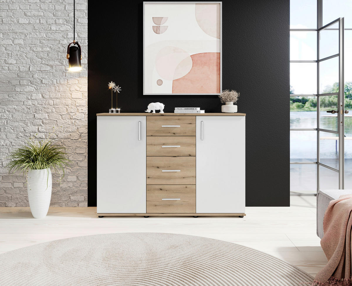 ŠIROKÁ KOMODA, bílá, barvy dubu, 120/84/35 cm - bílá/barvy stříbra, Design, kompozitní dřevo/plast (120/84/35cm) - MID.YOU