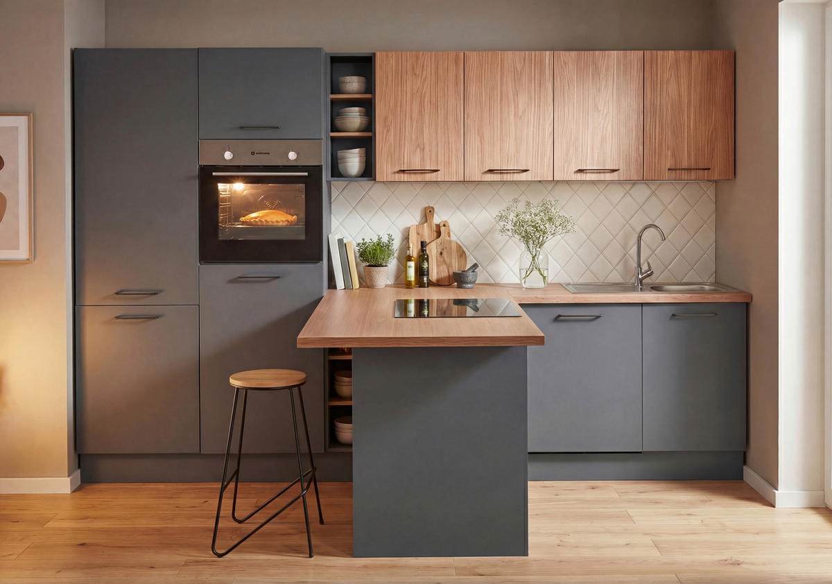 ECKKÜCHE 325/184 cm  in Graphitfarben, Walnussfarben  - Walnussfarben/Schwarz, Basics, Holzwerkstoff/Metall (325/184cm) - P & B