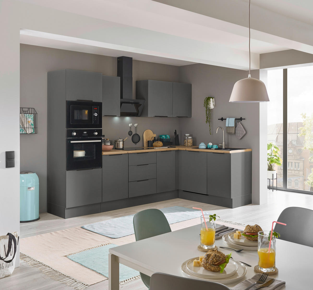 ECKKÜCHE 280/175 cm  in Graphitfarben  - Schwarz/Graphitfarben, Basics, Holzwerkstoff/Metall (280/175cm) - Carryhome