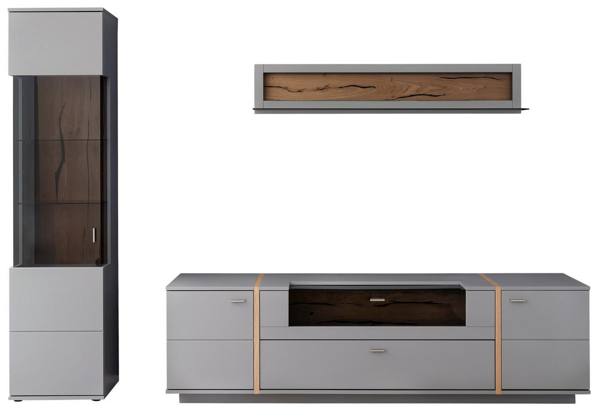 REGAL ZA DNEVNI BORAVAK siva, boje hrasta   - siva/boje hrasta, Design, staklo/drvni materijal (276/207/50cm) - MID.YOU