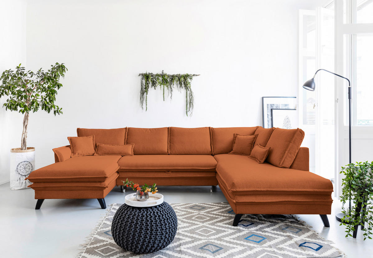 WOHNLANDSCHAFT Mikrofaser Terracotta  - Terracotta/Schwarz, Design, Holz/Textil (150/302/200cm) - P & B