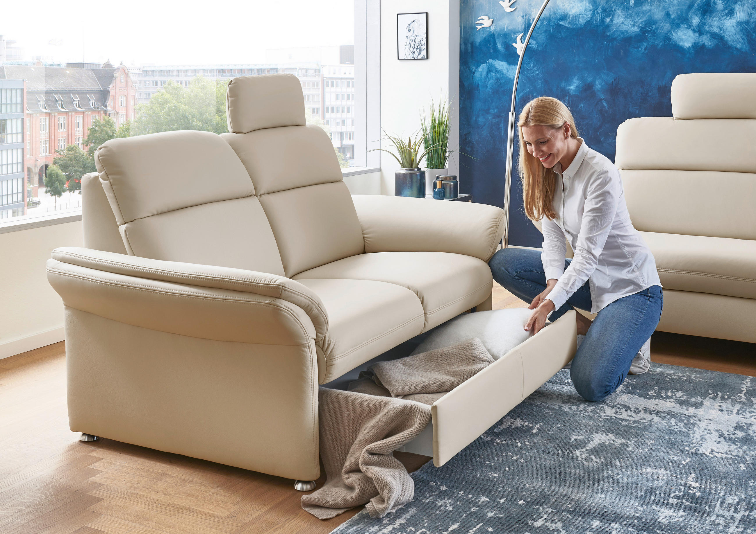 2-SITZER-SOFA in Echtleder Creme - Creme/Alufarben, KONVENTIONELL, Leder/Metall (170/96/92cm) - Beldomo Premium