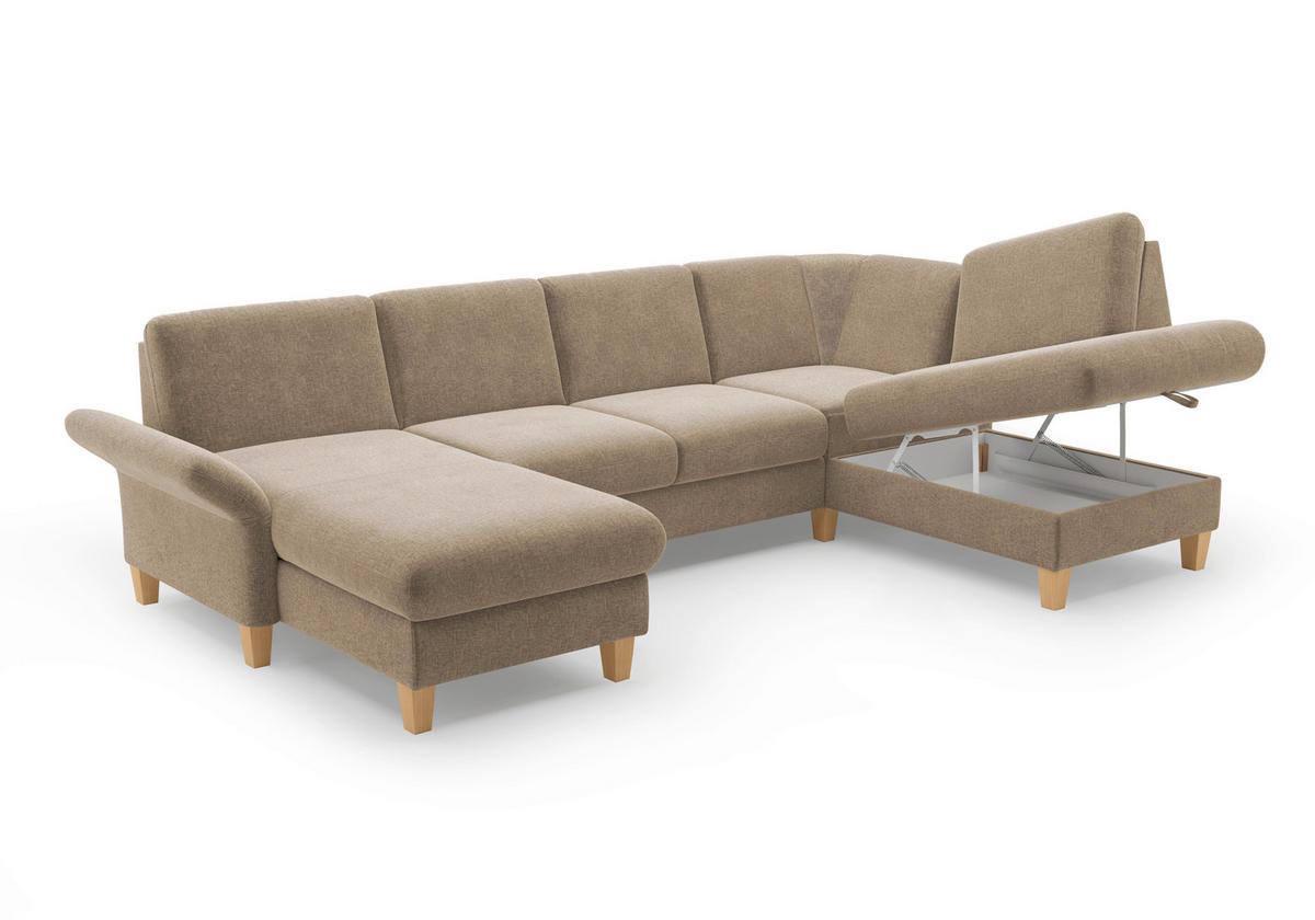 WOHNLANDSCHAFT Hellbraun Flachgewebe  - Hellbraun/Eichefarben, KONVENTIONELL, Holz/Textil (164/314/195cm) - Sit & More