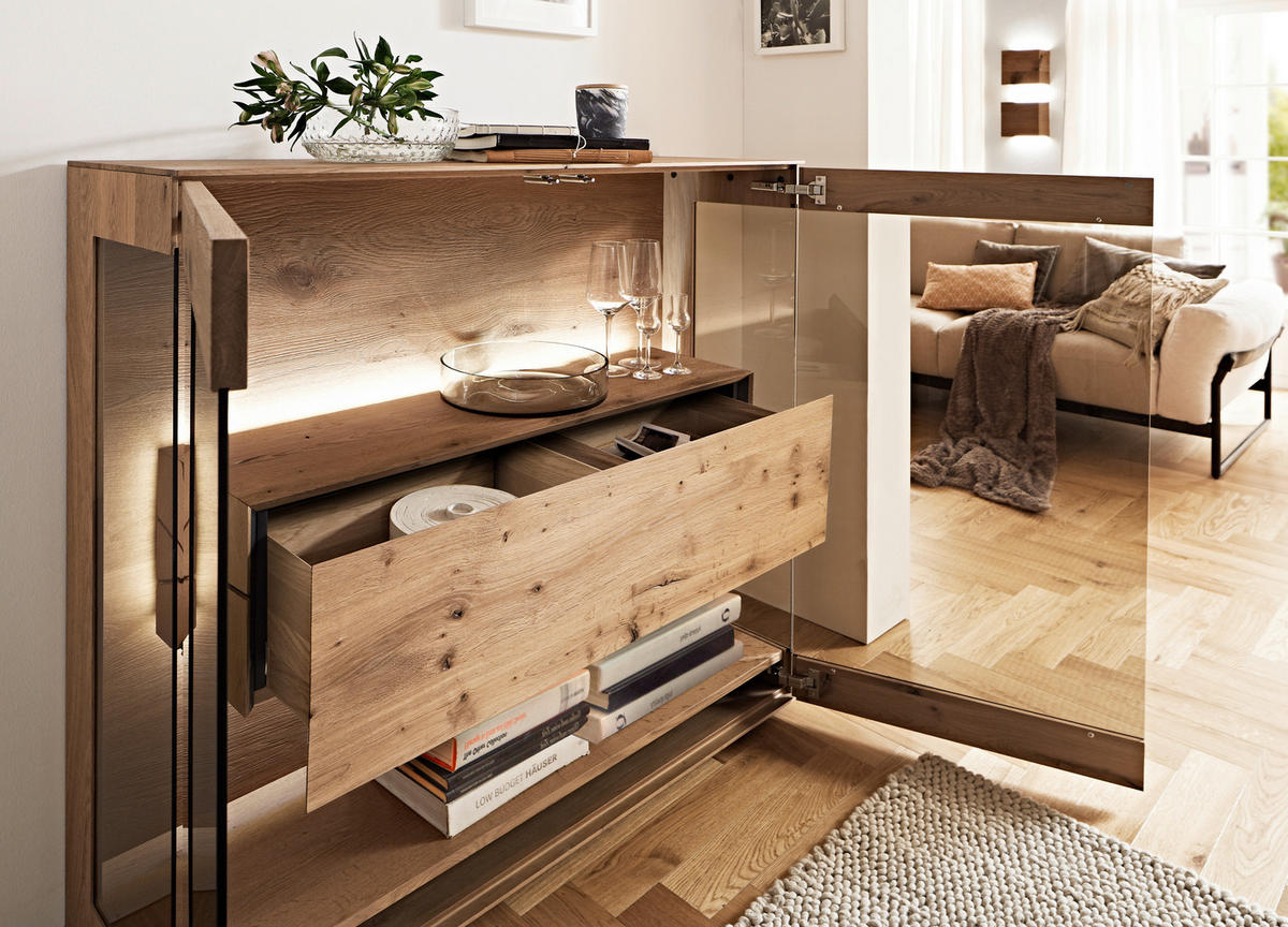 HIGHBOARD  in 127/119/39 cm  - Eichefarben, Natur, Glas/Holz (127/119/39cm) - Valnatura