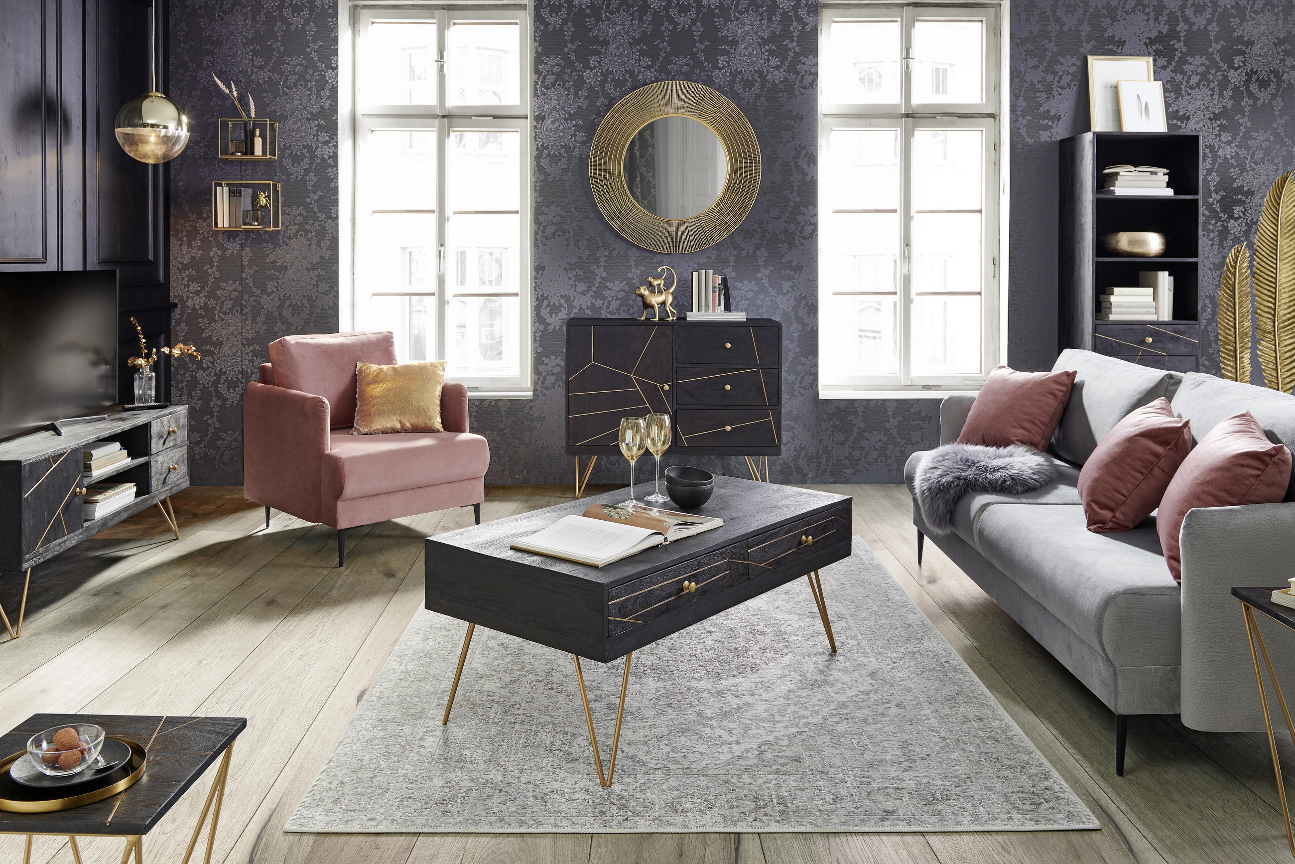 LOWBOARD Akazie massiv Schwarz, Goldfarben - Goldfarben/Schwarz, Trend, Holz/Metall (130/57/53cm) - Ambia Home