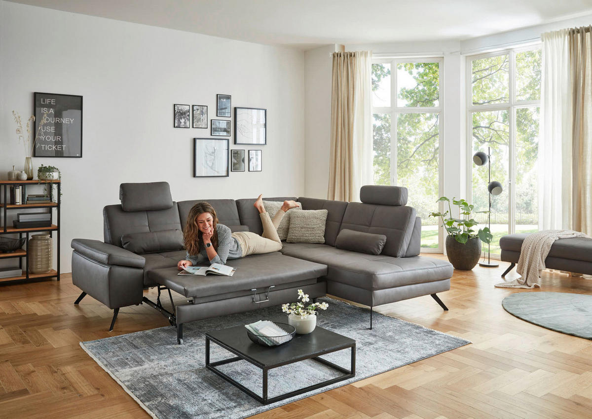 ECKSOFA in Lederlook, Mikrofaser Dunkelgrau  - Dunkelgrau/Schwarz, Design, Textil/Metall (261/220cm) - Beldomo System