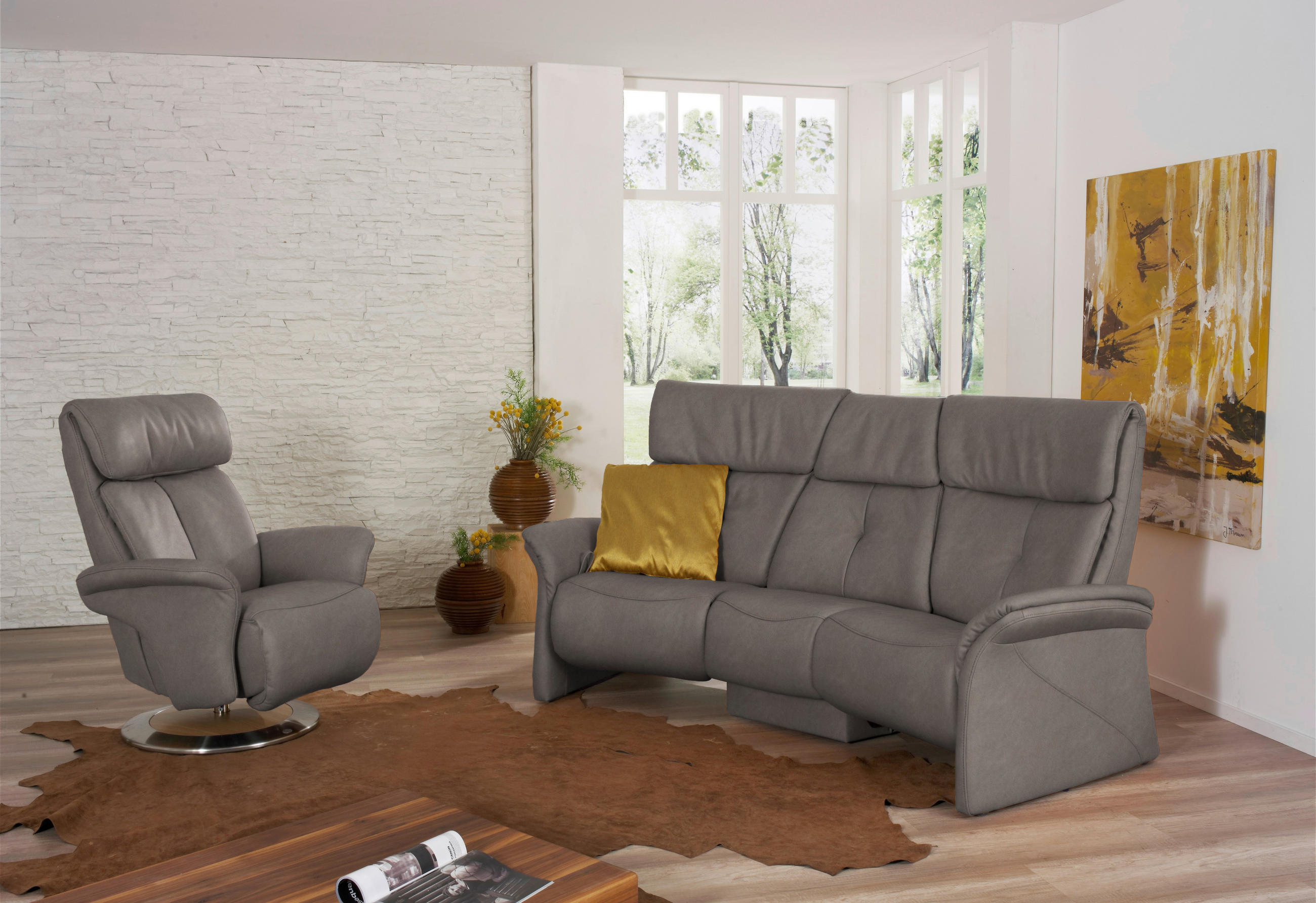 TRAPEZSOFA  in Echtleder Graubraun  - Graubraun/Naturfarben, KONVENTIONELL, Leder/Holz (208/103/105cm) - Himolla Komfortklass