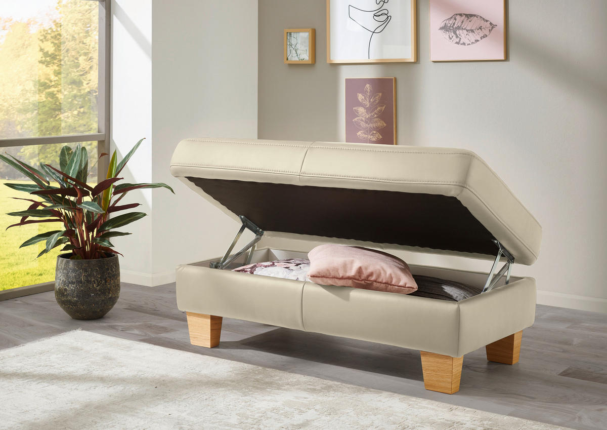 ECKSOFA in Echtleder Creme, Naturfarben  - Eiche Bianco/Creme, Natur, Leder/Holz (235ml) - Valdera