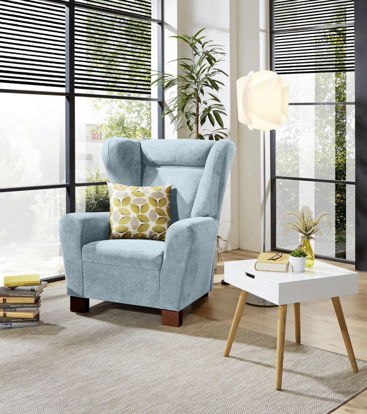OHRENSESSEL in Flachgewebe Hellblau  - Braun/Hellblau, Design, Holz/Textil (95/109/97cm) - Livetastic