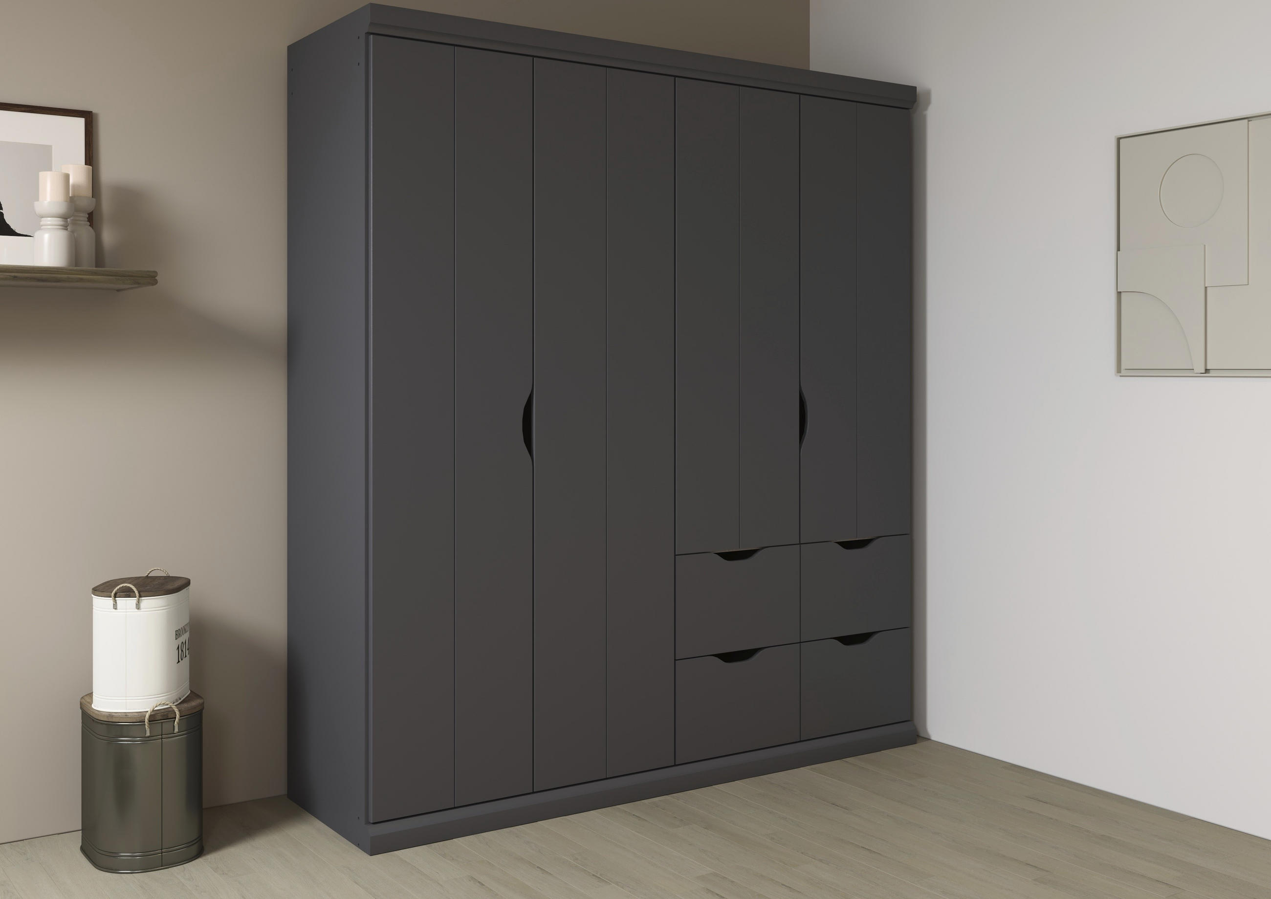 KLEIDERSCHRANK 181/203/56 cm 4-türig Dunkelgrau  - Dunkelgrau, Basics, Holzwerkstoff (181/203/56cm) - Boxxx