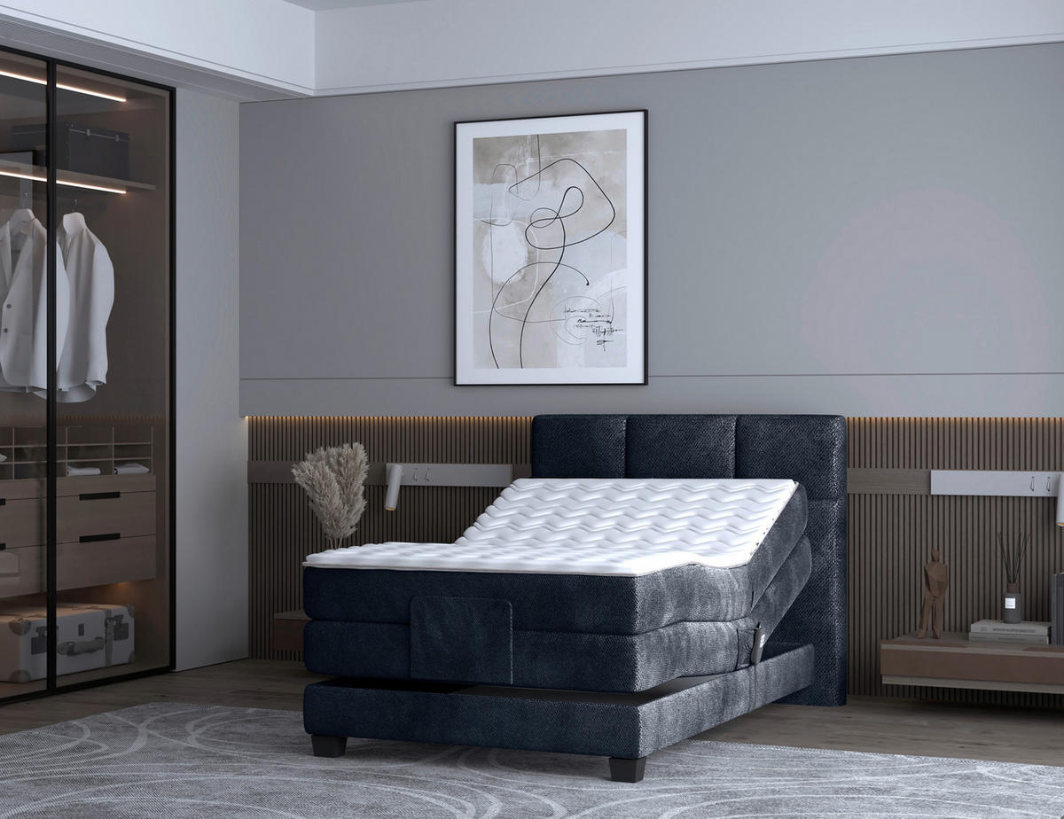 BOXSPRINGBETT 120/200 cm,  in Dunkelblau, Matratze, Topper, motorische Verstellbarkeit, Fernbedienung, H3 = fest  - Schwarz/Dunkelblau, KONVENTIONELL, Holz/Kunststoff (120/200cm) - Chameo