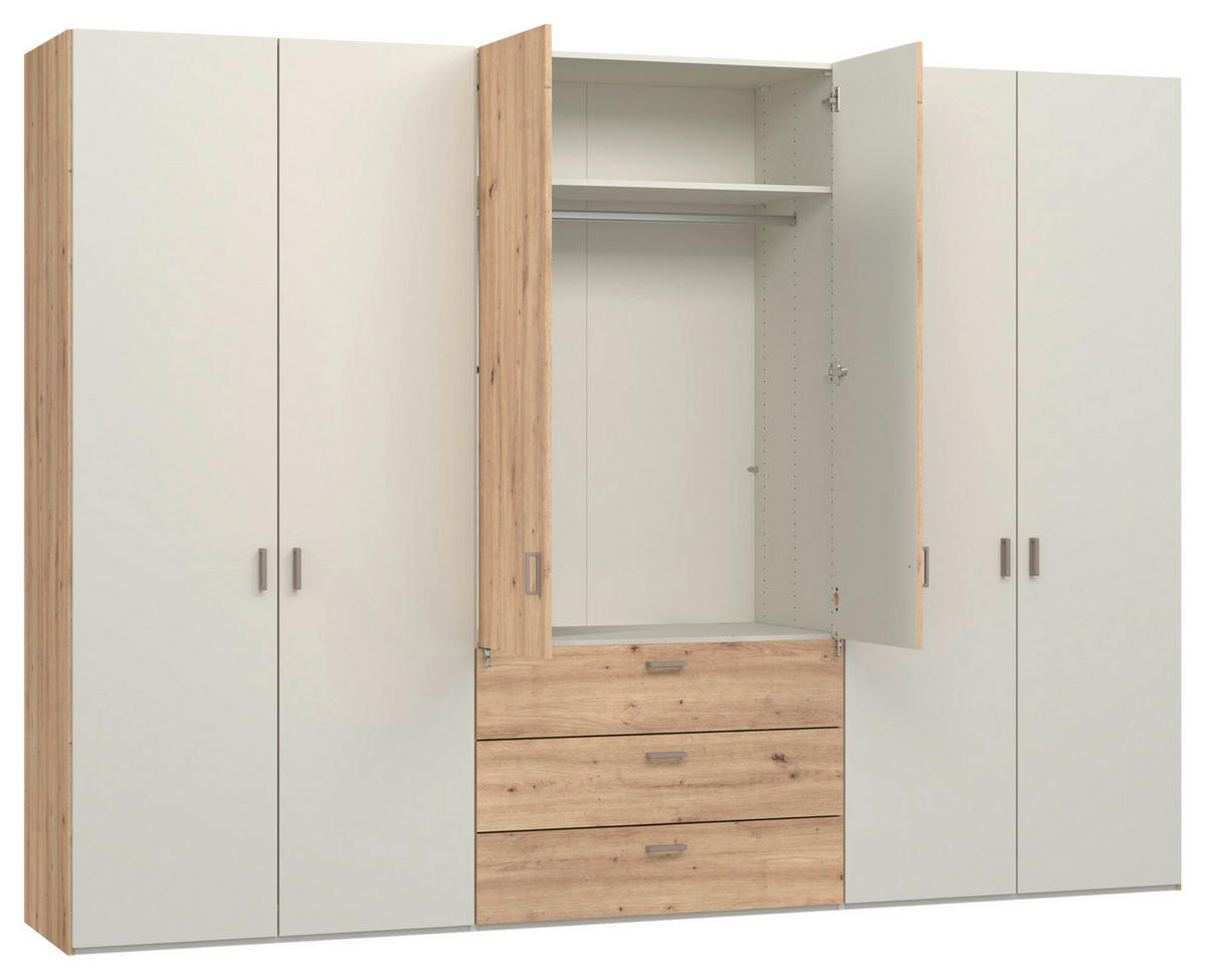 KLEIDERSCHRANK 303/220/59 cm,  in Creme, Weiß, Eiche Artisan, 6-türig  - Hellbraun/Creme, Design, Holzwerkstoff/Metall (303/220/59cm) - Jutzler