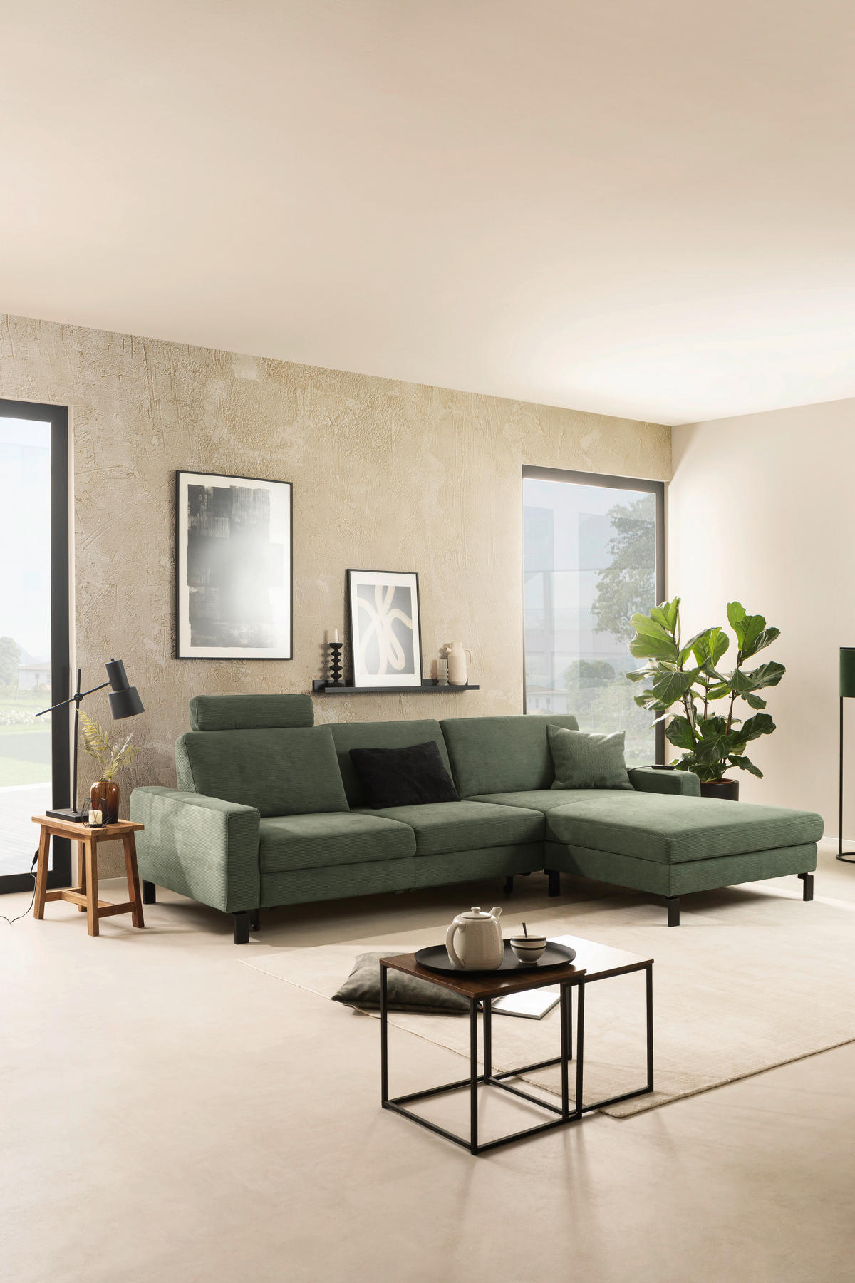 ECKSOFA in Cord Olivgrün  - Schwarz/Olivgrün, Design, Textil/Metall (298/185cm) - Pure Home Lifestyle